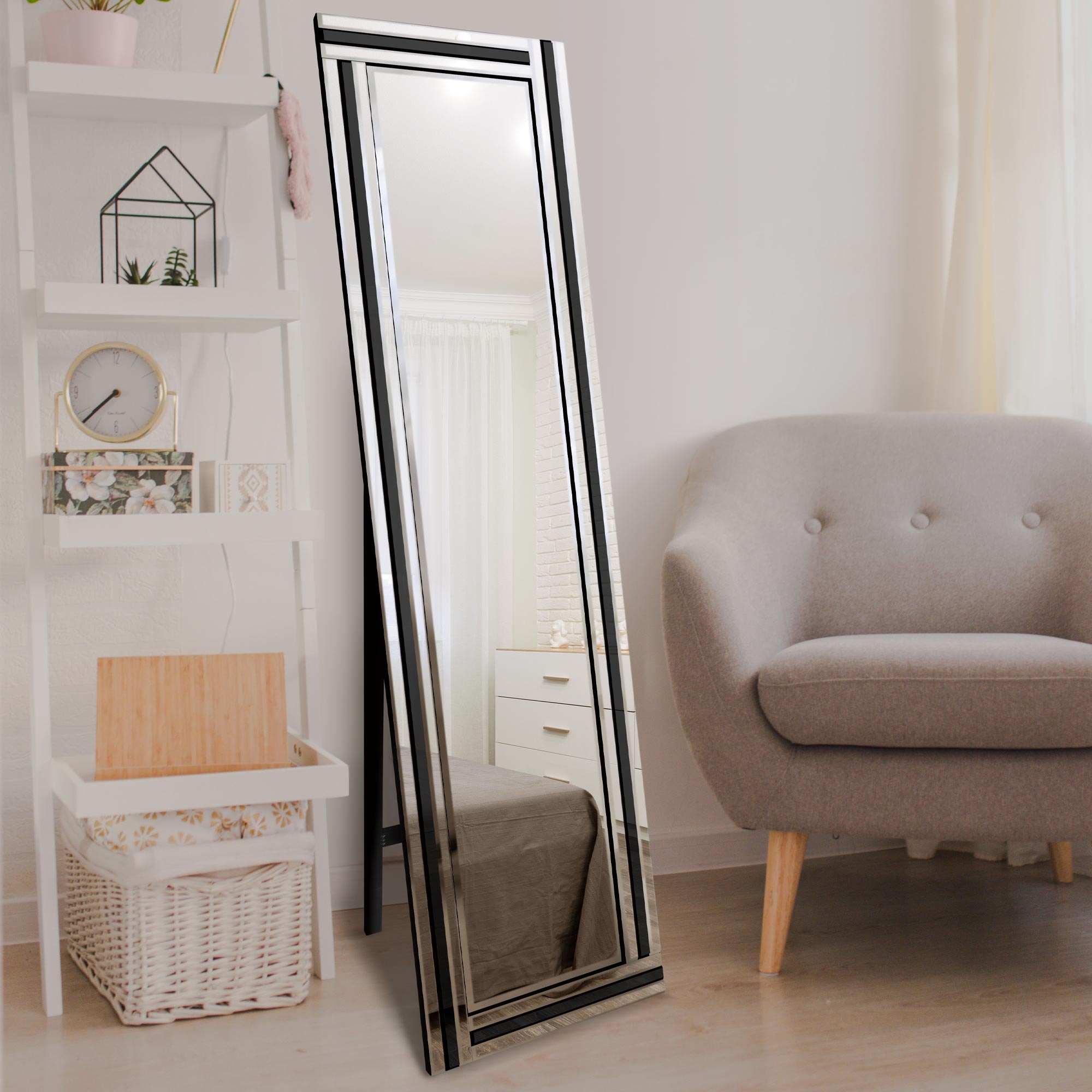 New Triple Bevel Large Venetian Cheval Free Standing Black And Mirror 5Ft X 1Ft3 (150 X 40cm) (15010565456250)