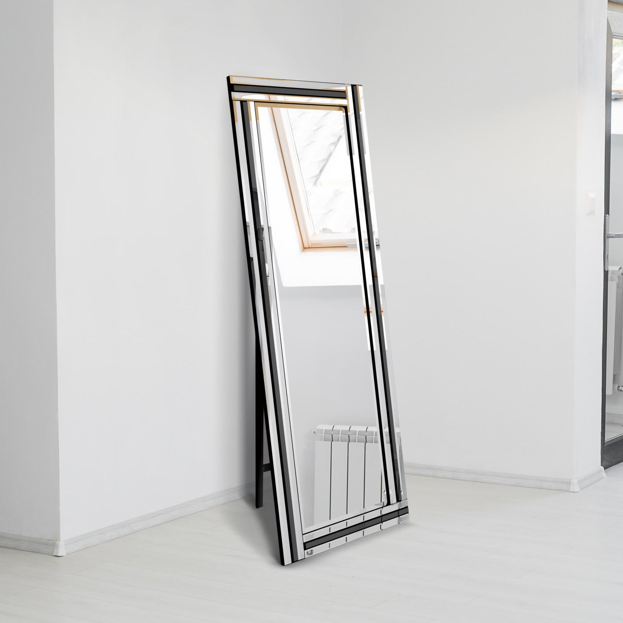 Dalton Black and Mirror Triple Bevel Free Standing Cheval Dress Mirror 5ft7 x 1ft11 170cm x 58cm (15010565489018)