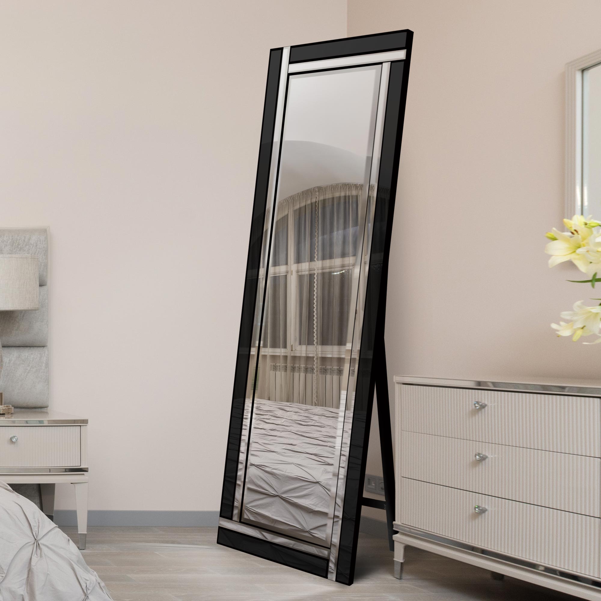 Black and Mirror Double Bevel Free Standing Cheval Dress Mirror 5ft7 x 1ft11 170cm x 58cm (15010565521786)