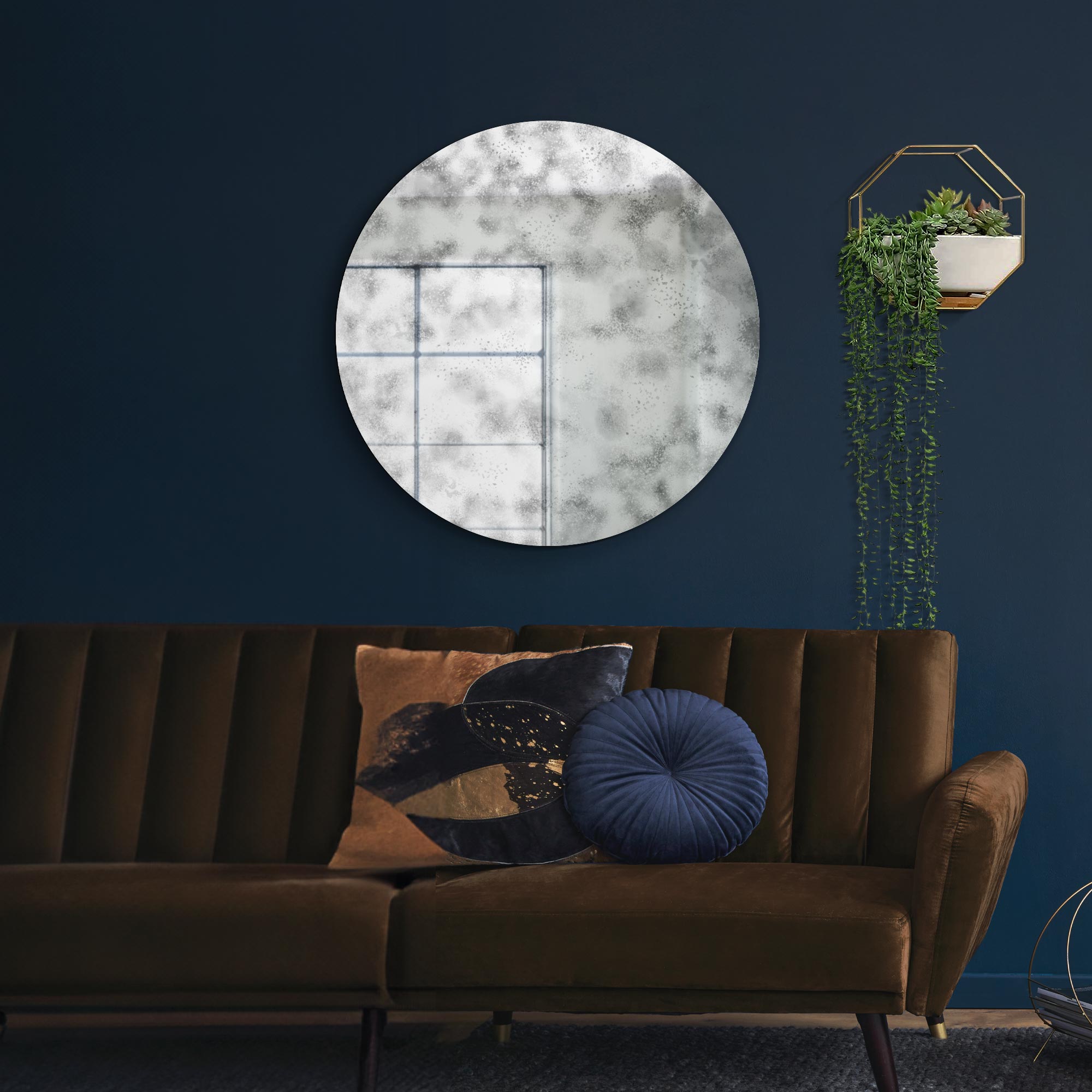 The Vetus - Round Circular Antiqued Mirror with Polished Edge on Black Backing 39"x39" (100x100CM). Premium Distressed Mirror Glass Ready to Wall Hang (15010567553402)