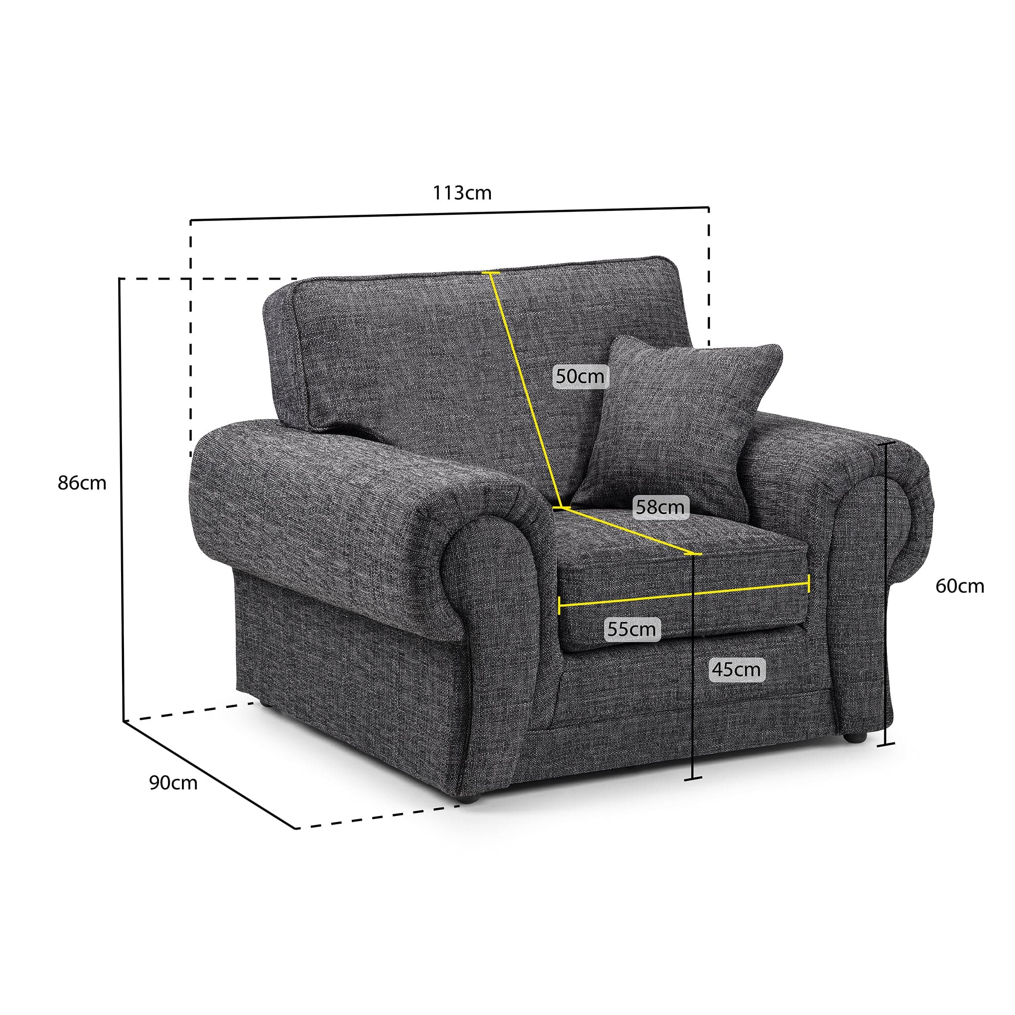 York Sofa Grey Armchair - Measurement view (7026904072256)