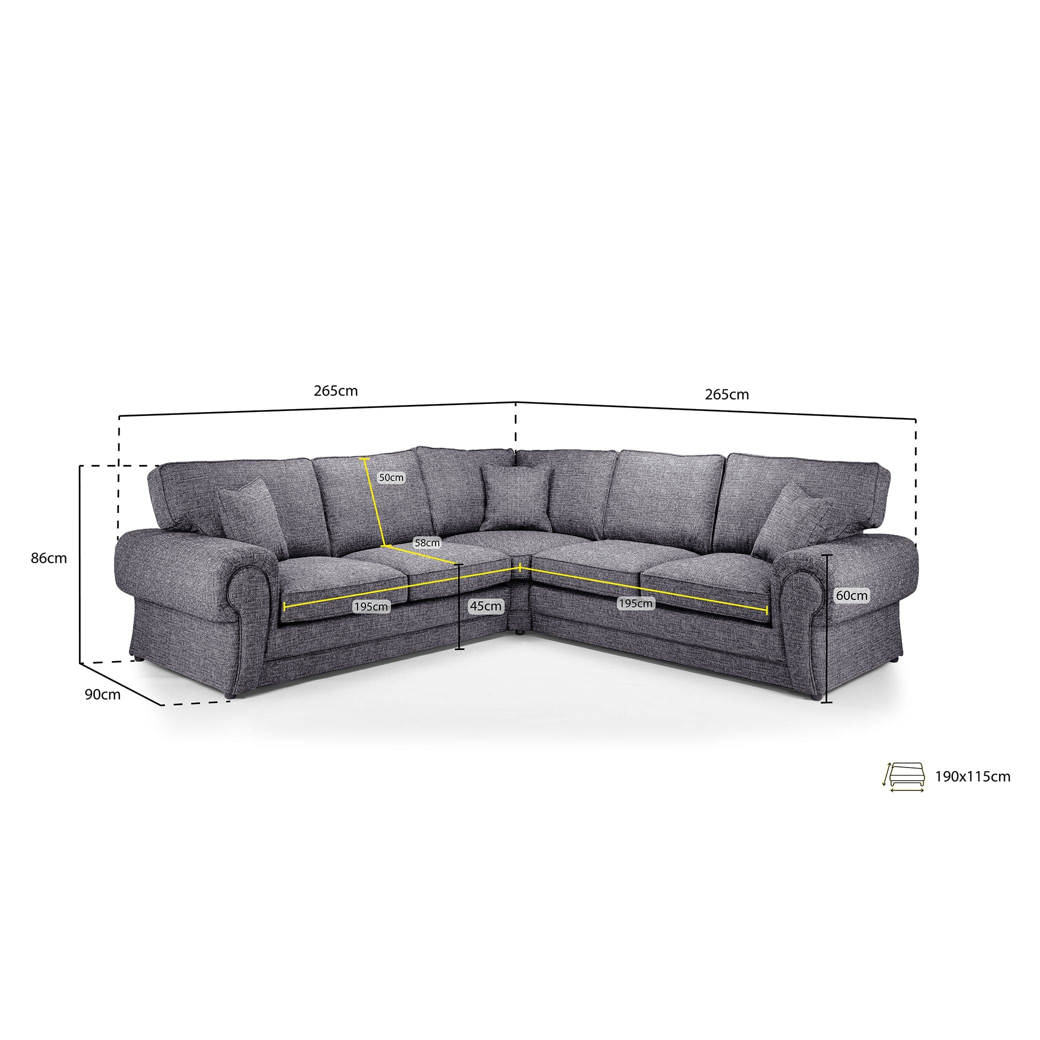 York Sofabed Grey Large Corner - Measurement view (7026904236096)