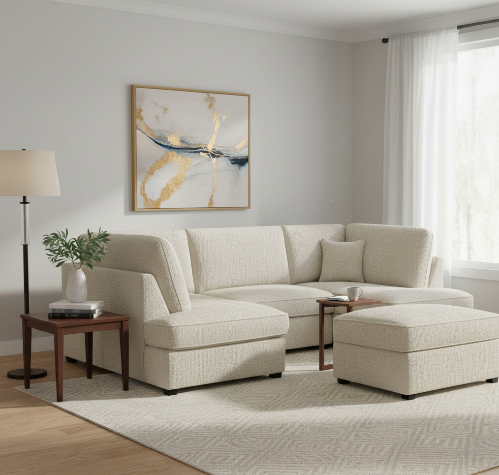 Camden U-Shape Corner Sofa with Footstool – Beige Boucle (7022932656192)