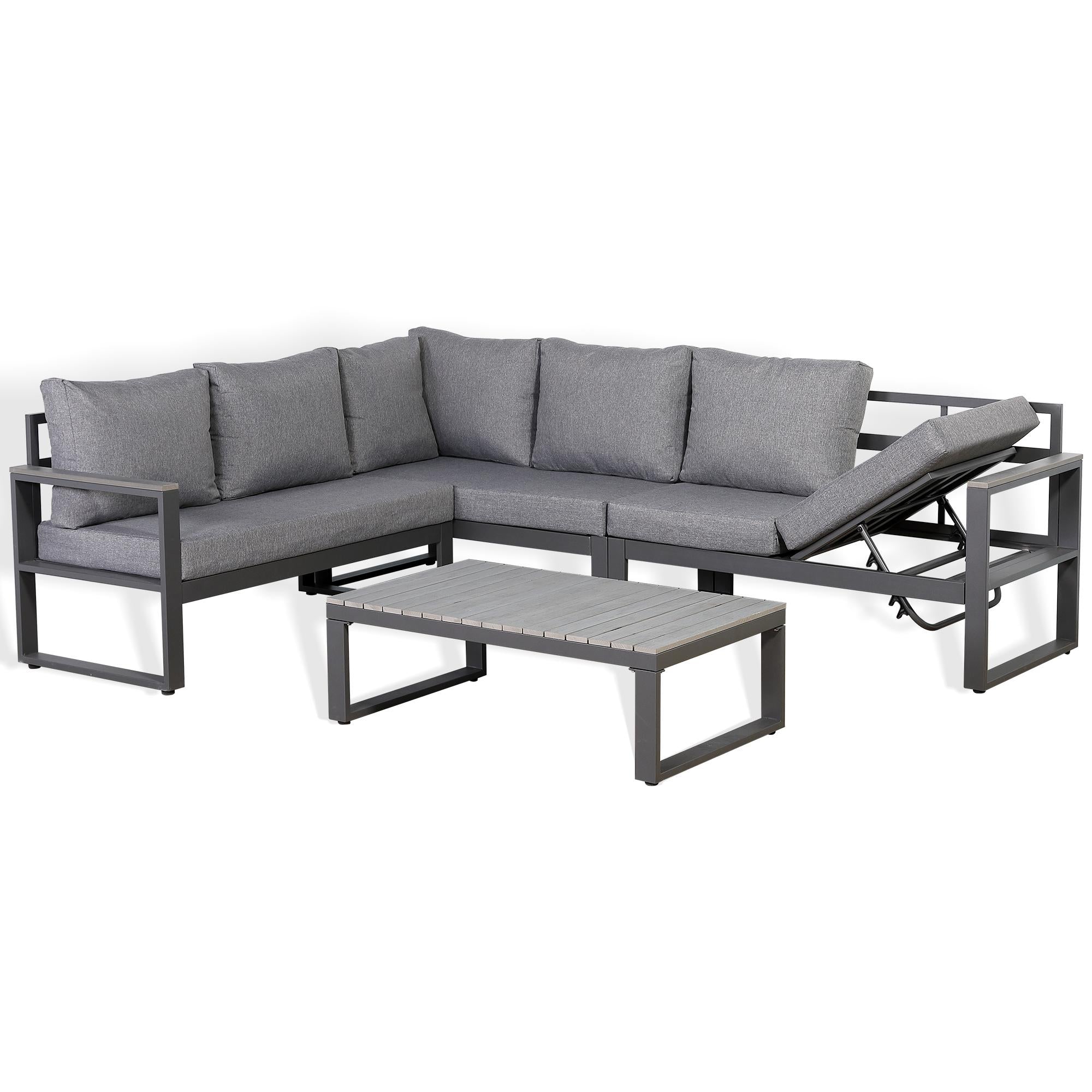 Luxe LHF Corner Set Charcoal Aluminium Frame With Grey Cushions - AMC Furniture