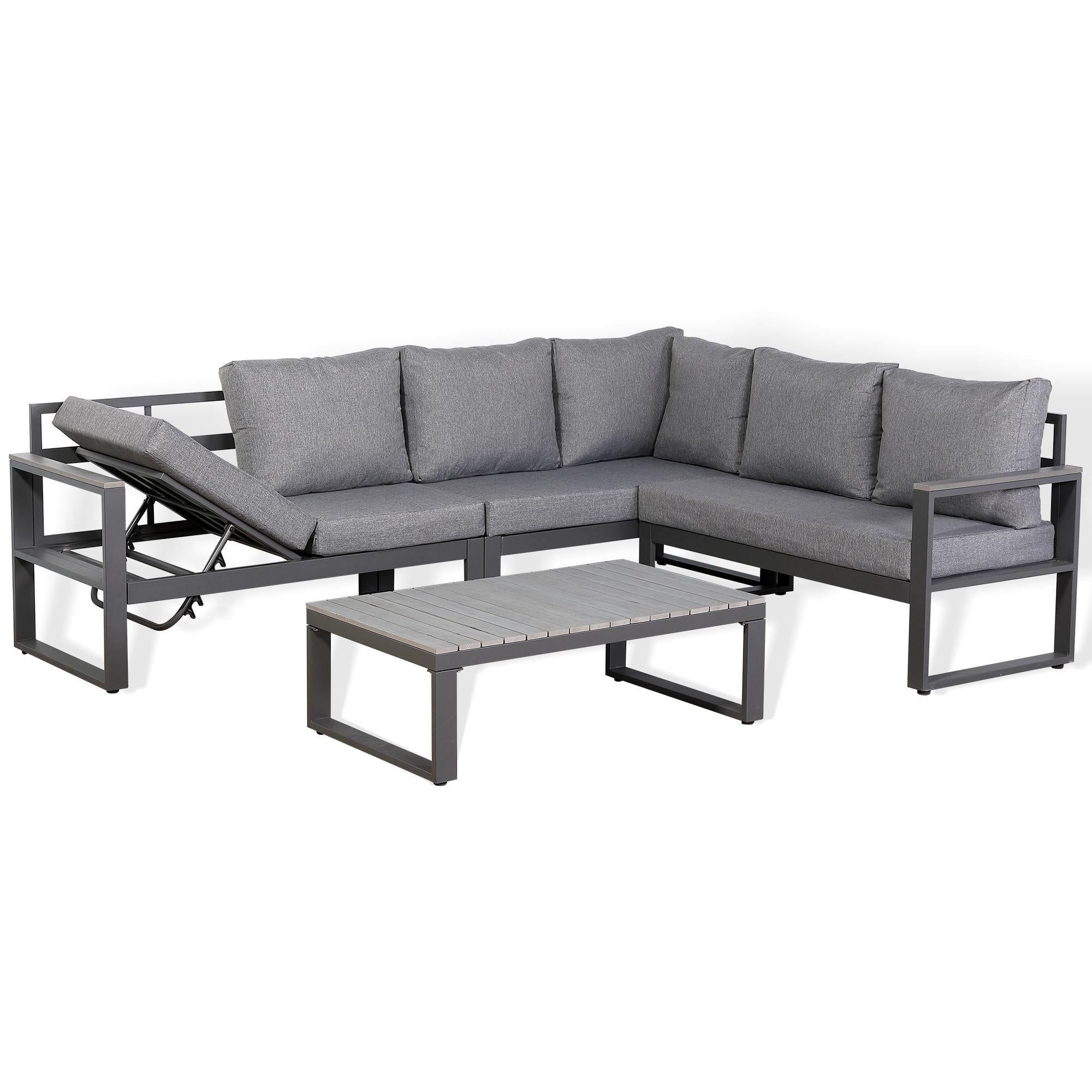 Luxe RHF Corner Set Charcoal Aluminium Frame With Grey Cushions - AMC Furniture