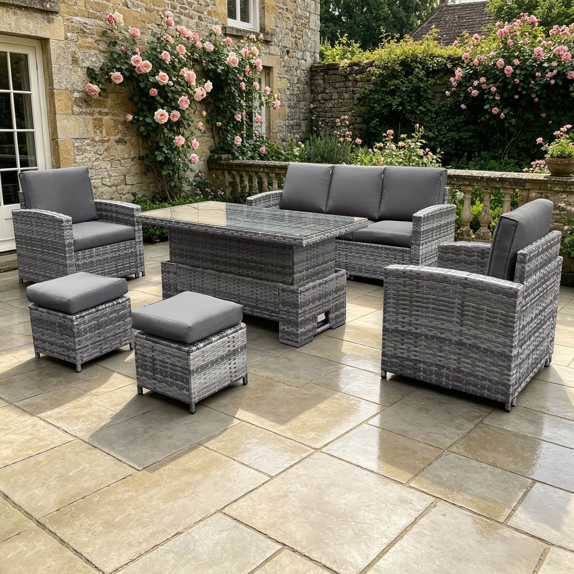 Rhodes Sofa Dining Set with Rising Table in Grey - AMC Furniture