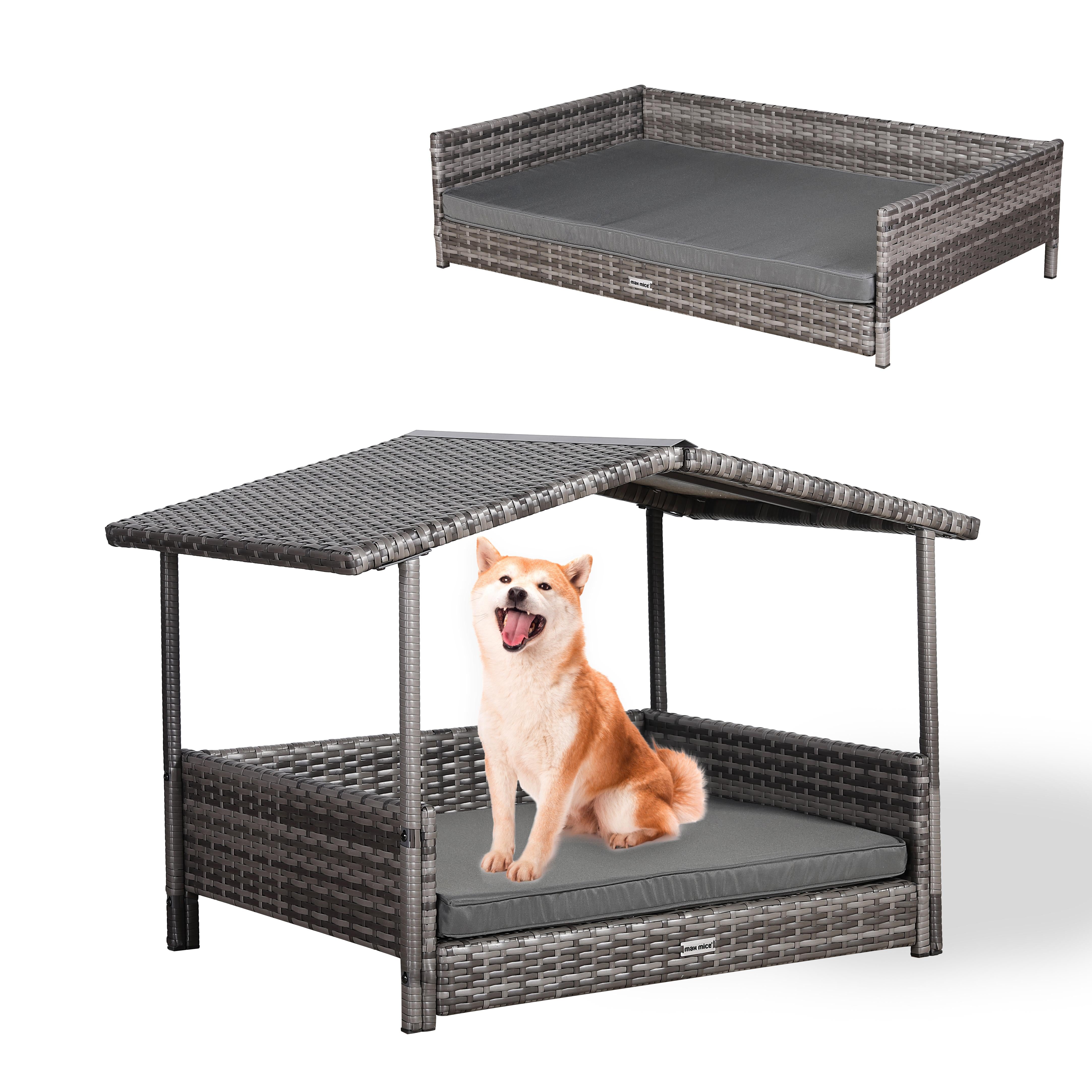 Medium Rattan Dog Bed for Indoor/Outdoor with Removable Roof and Cushion in Grey - AMC Furniture