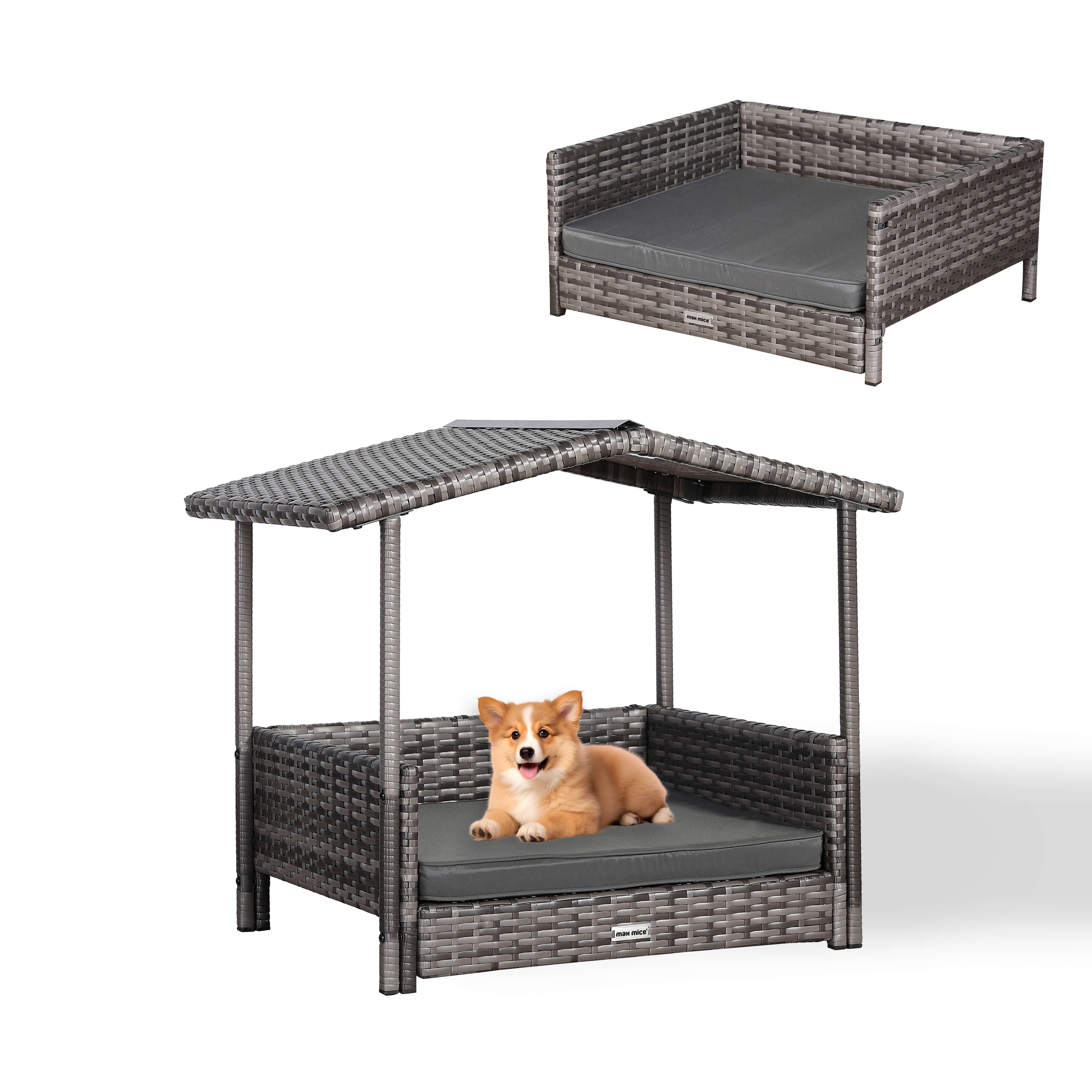 Medium Rattan Dog Bed for Indoor/Outdoor with Removable Roof and Cushion in Grey - AMC Furniture
