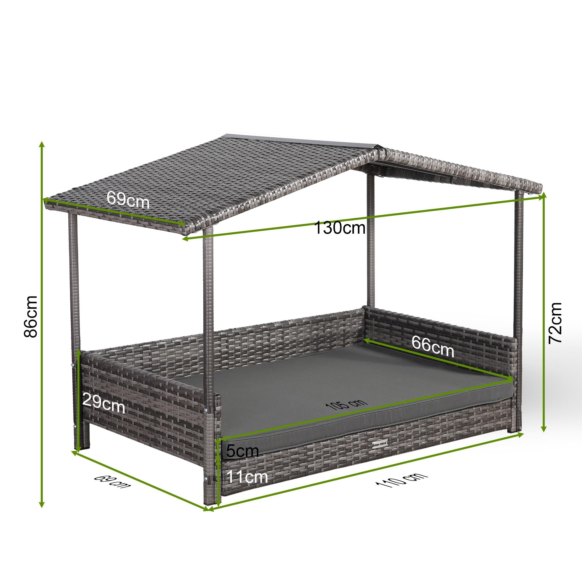 Medium Rattan Dog Bed for Indoor/Outdoor with Removable Roof and Cushion in Grey - AMC Furniture