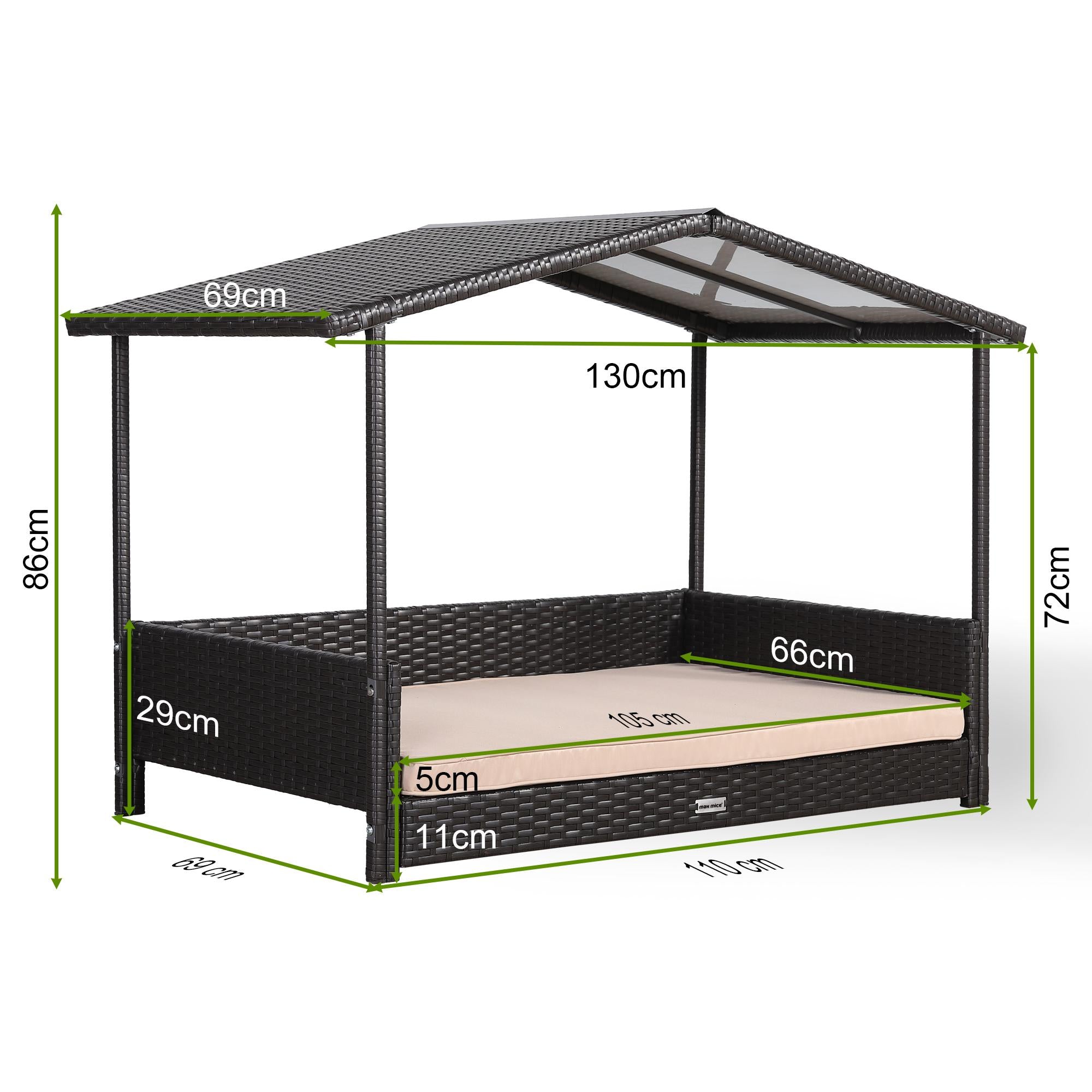 Small Rattan Dog Bed for Indoor/Outdoor with Weatherproof Roof and Removable Cushion Lounge in Brown Weave - AMC Furniture