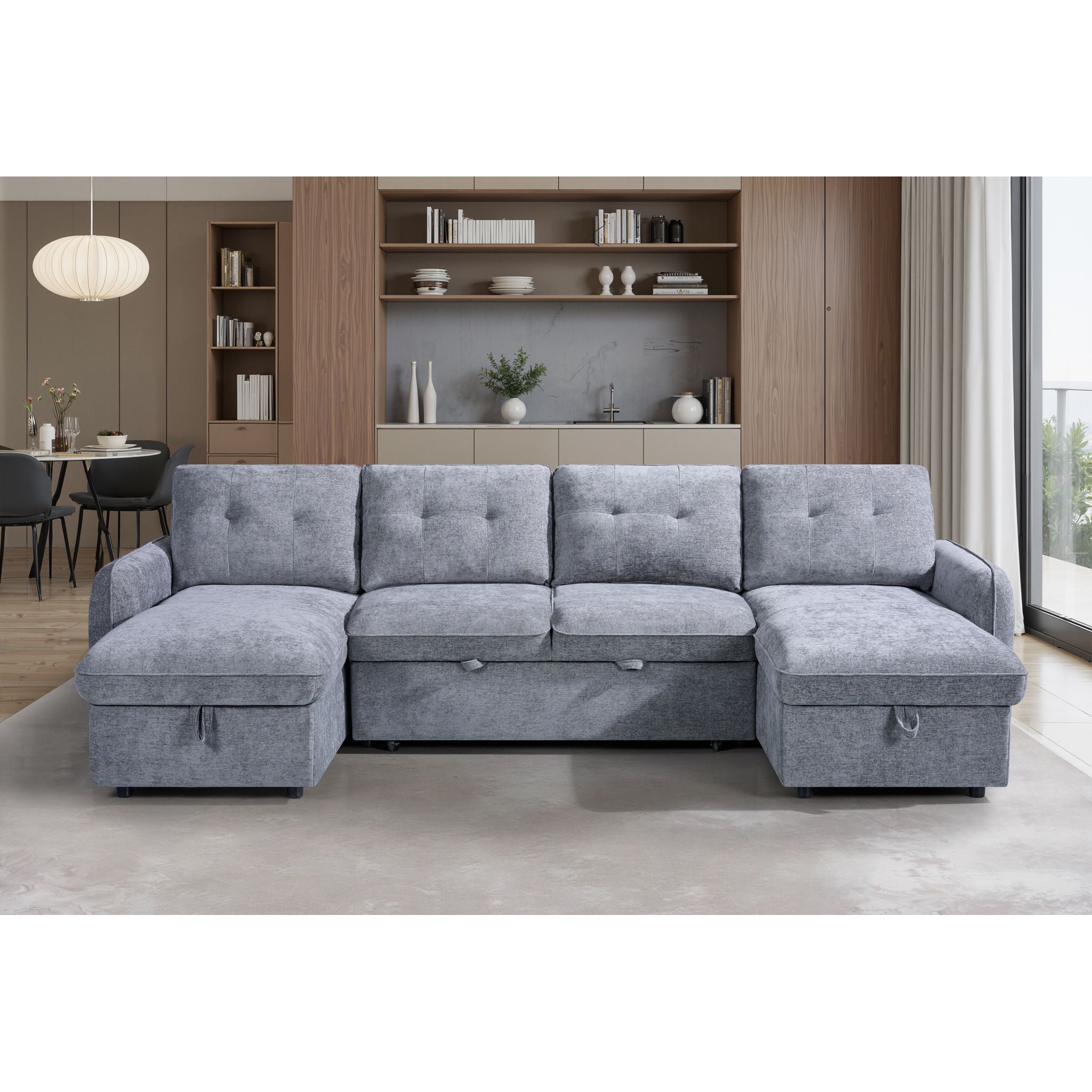 Thea U Shape Corner Sofa Bed in Grey - Lifestyle View Full Square