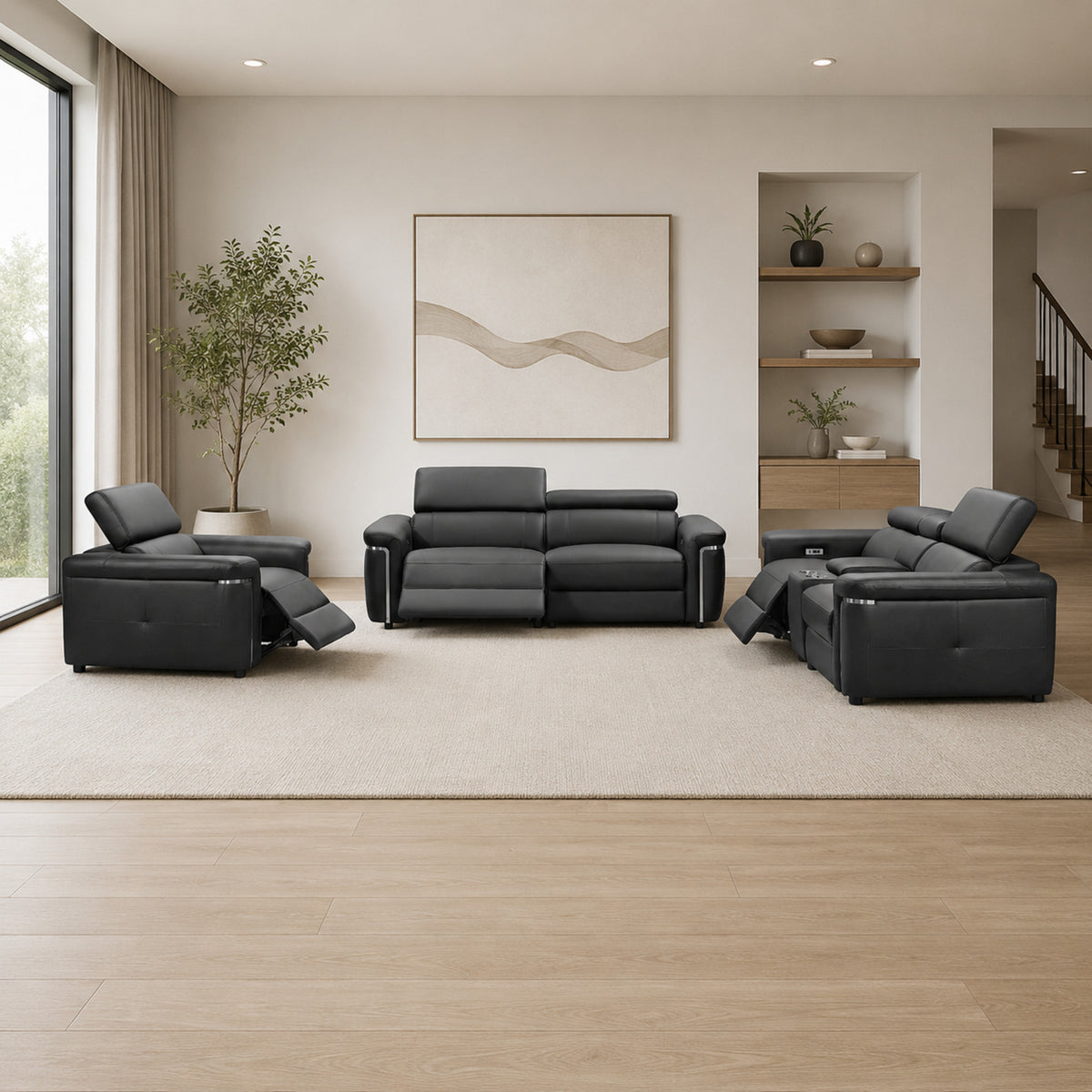 Summer Electric Reclining 3+2 Sofa Set in Black - AMC Furniture