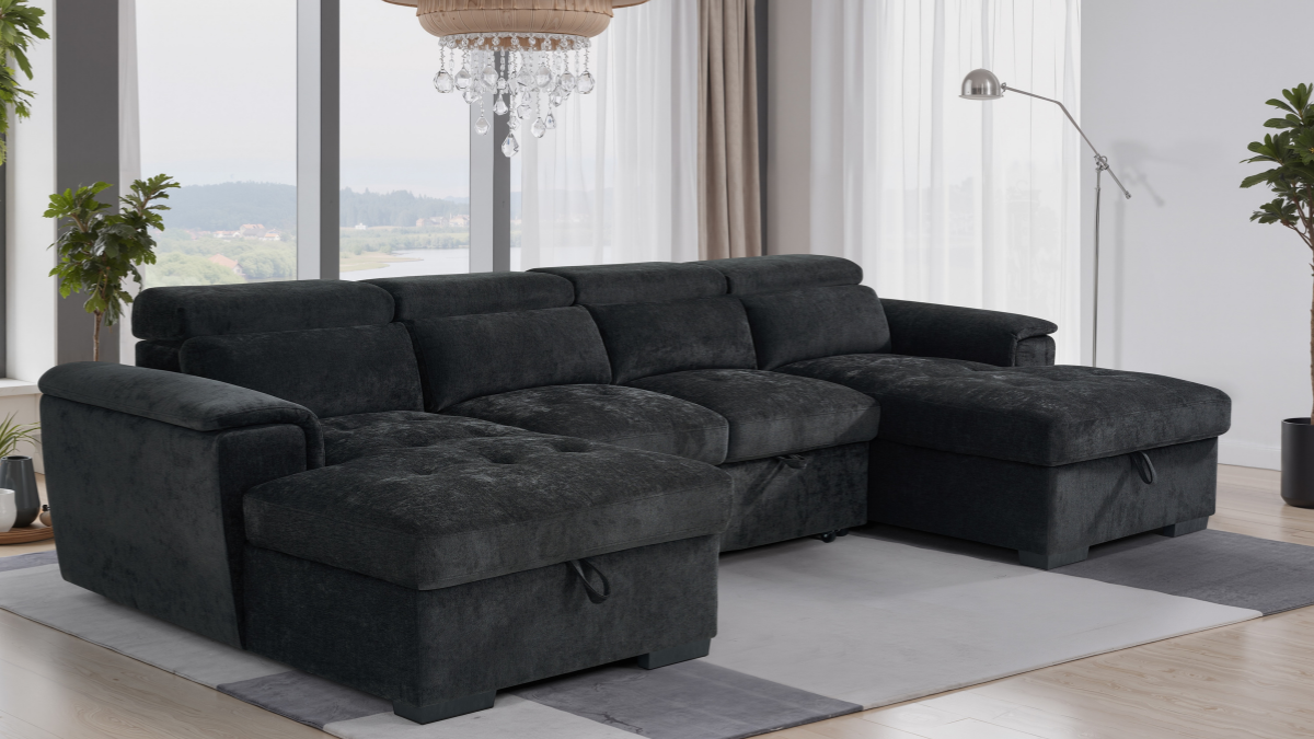 Luna U Shape Corner Sofabed-Black - AMC Furniture