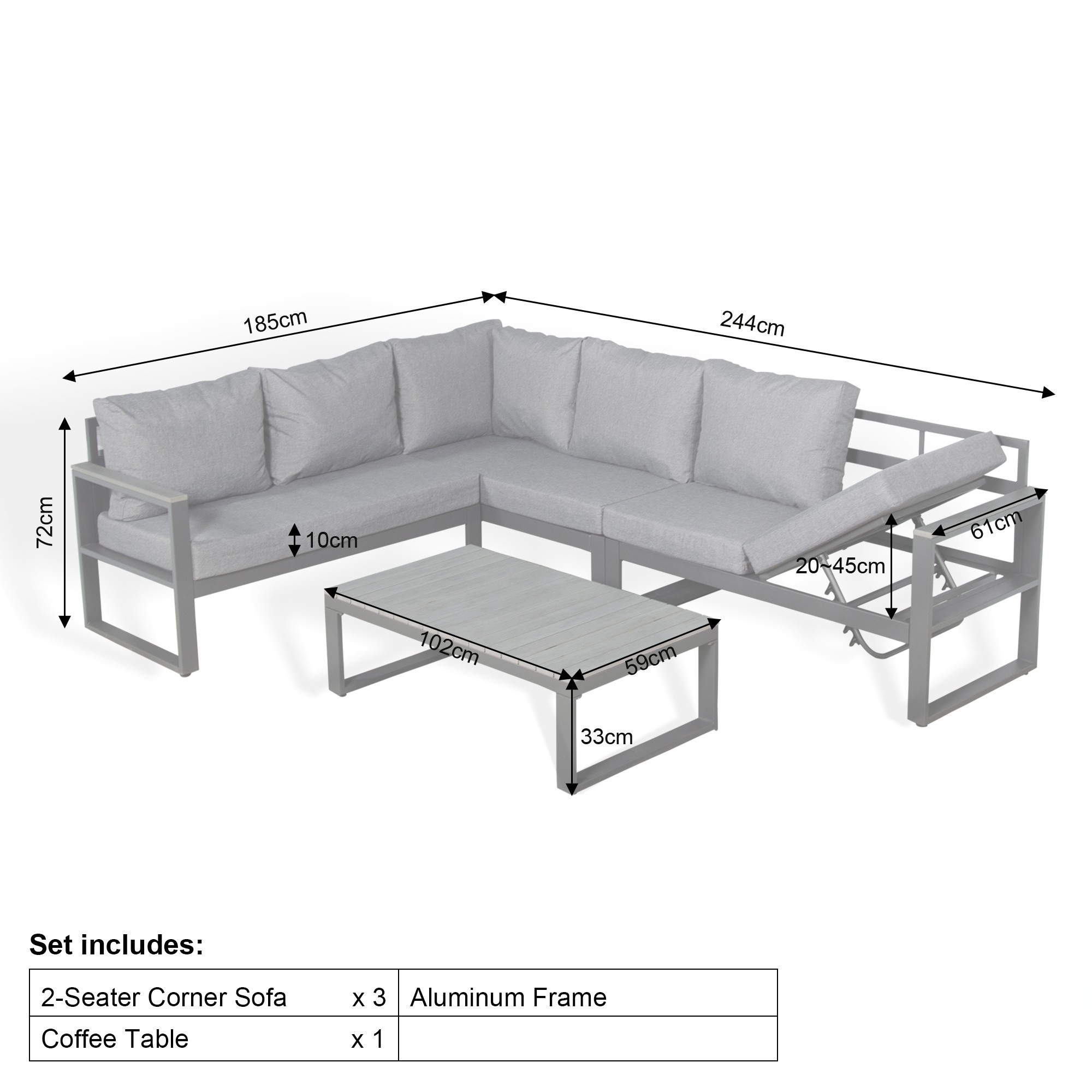 Luxe LHF Corner Set Charcoal Aluminium Frame With Grey Cushions - AMC Furniture