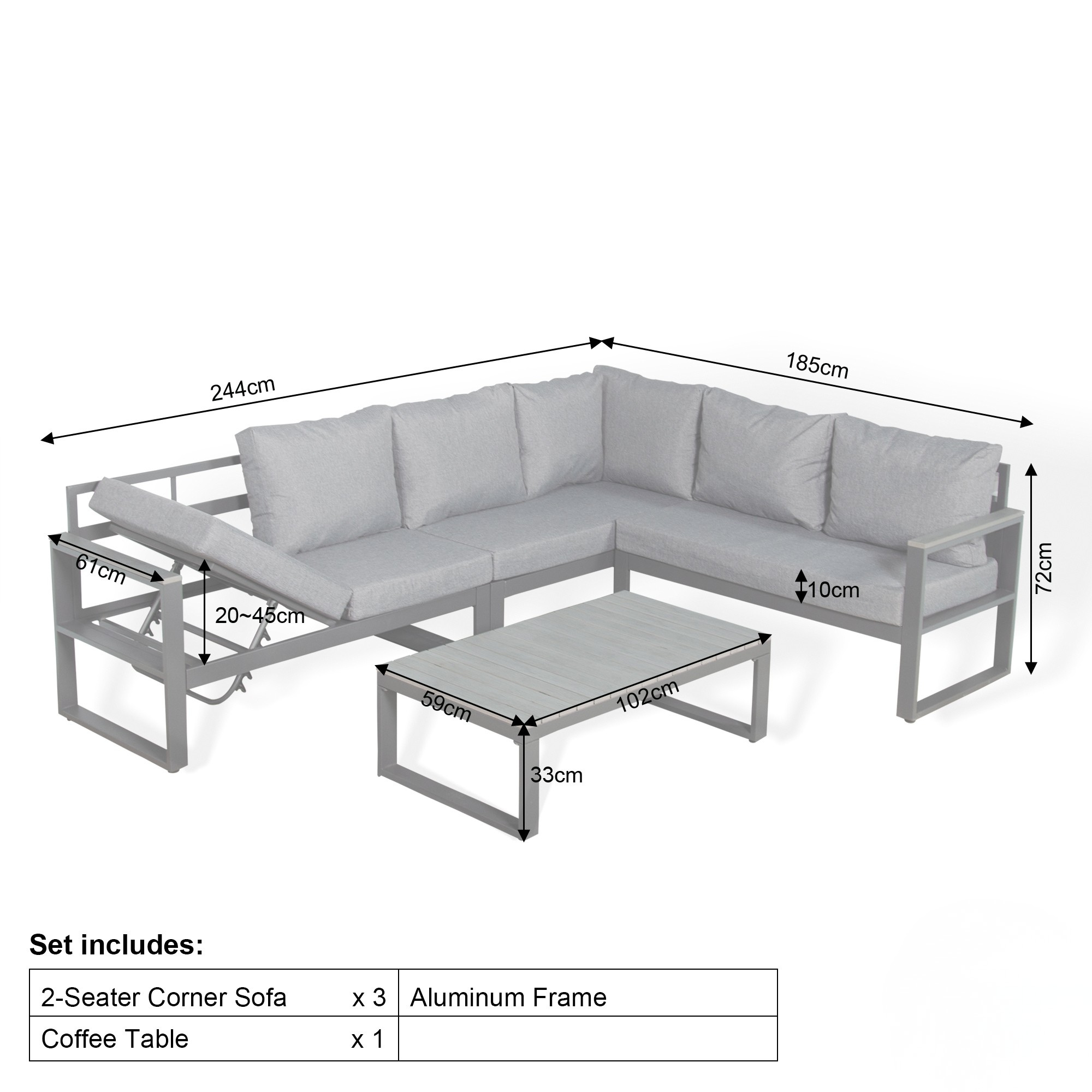 Luxe RHF Corner Set Charcoal Aluminium Frame With Grey Cushions - AMC Furniture