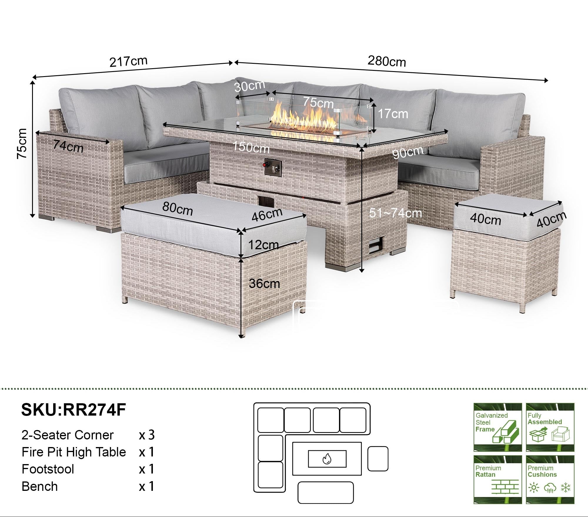 Santorini Corner Large Rising Set with Firepit - AMC Furniture
