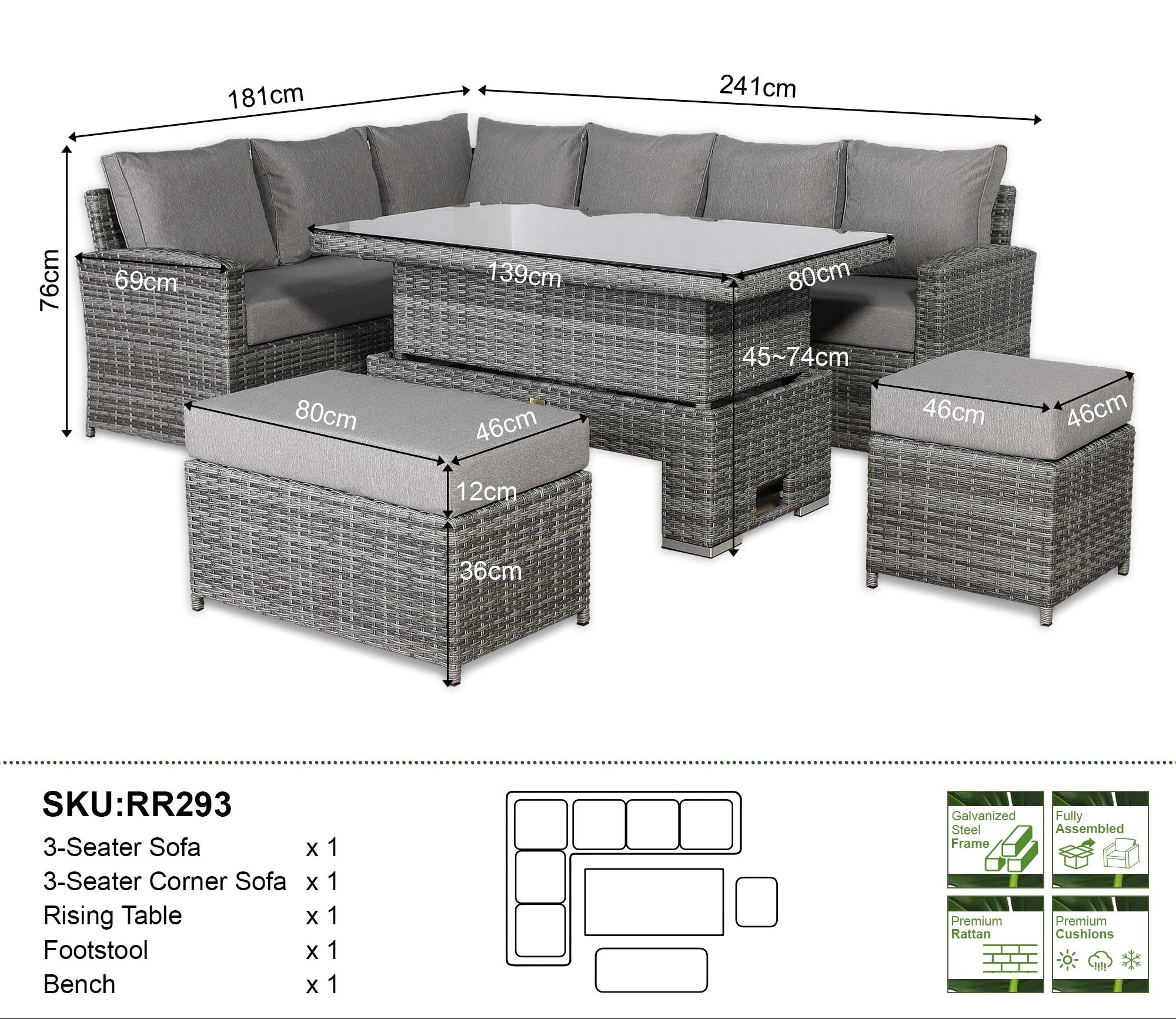 Sorrento Large Corner Dining Set with Rising Table in Grey (Left Hand) - AMC Furniture