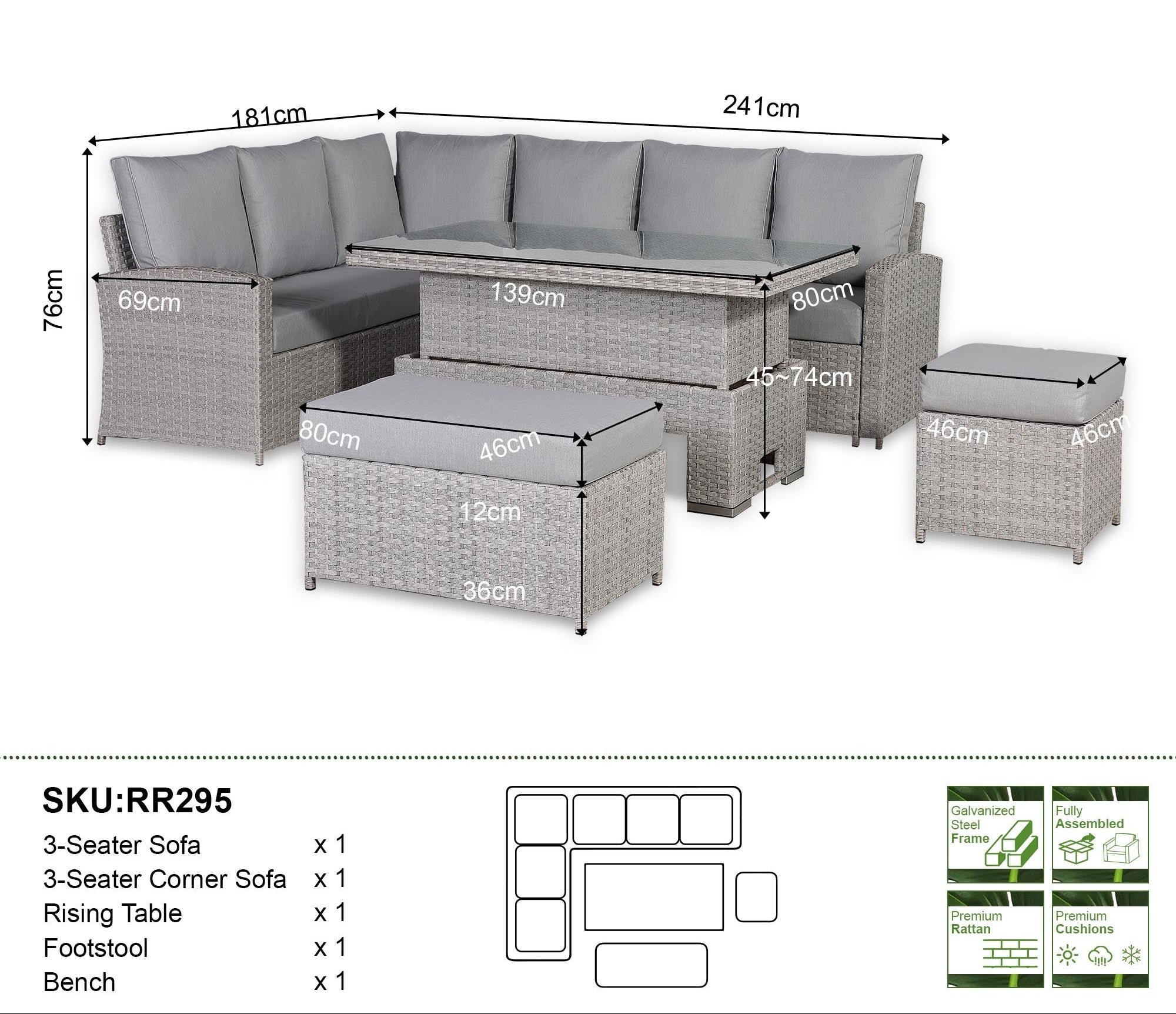 Sorrento Large Corner Dining Set with Rising Table in Light Grey (Left Hand) - AMC Furniture