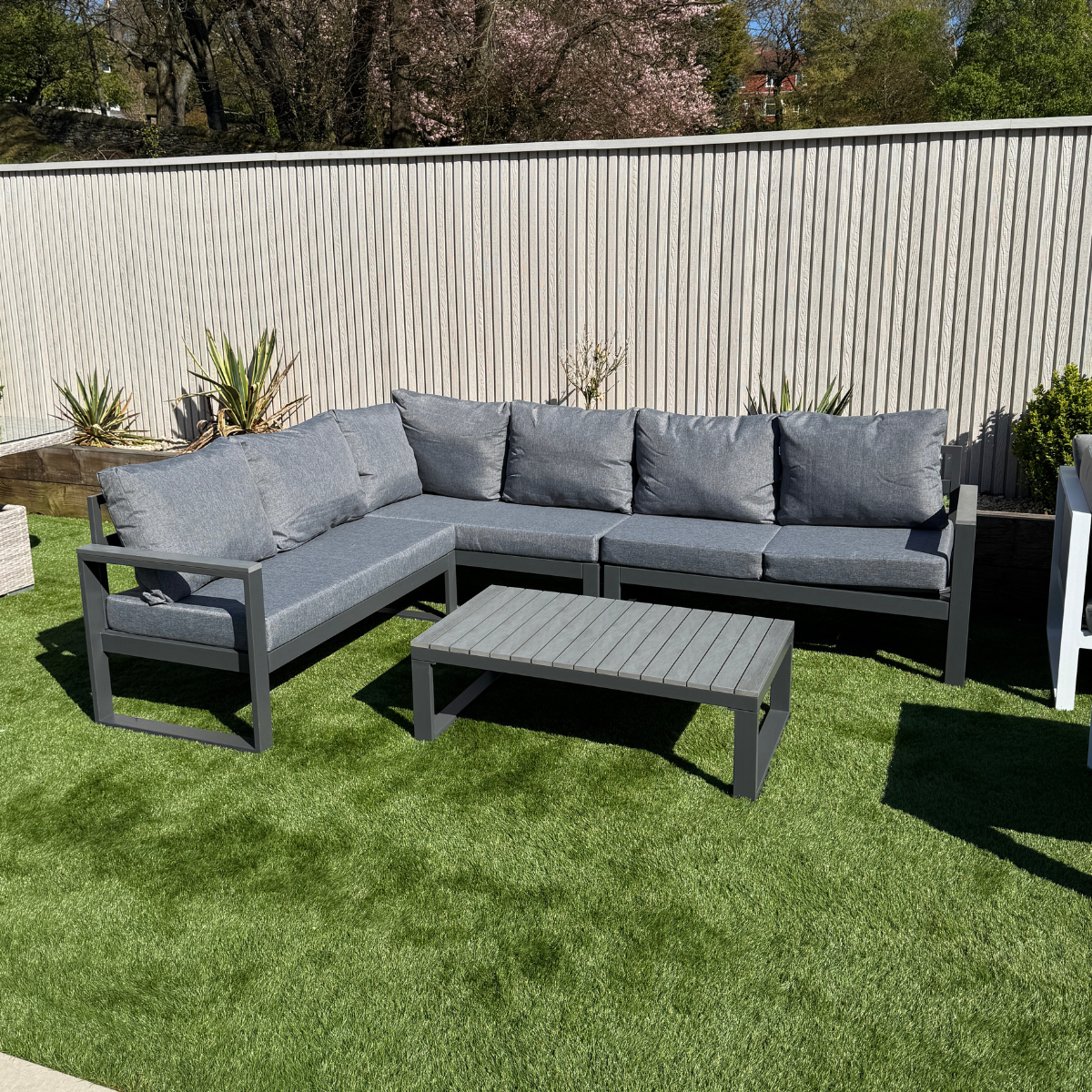 Luxe LHF Corner Set Charcoal Aluminium Frame With Grey Cushions - AMC Furniture