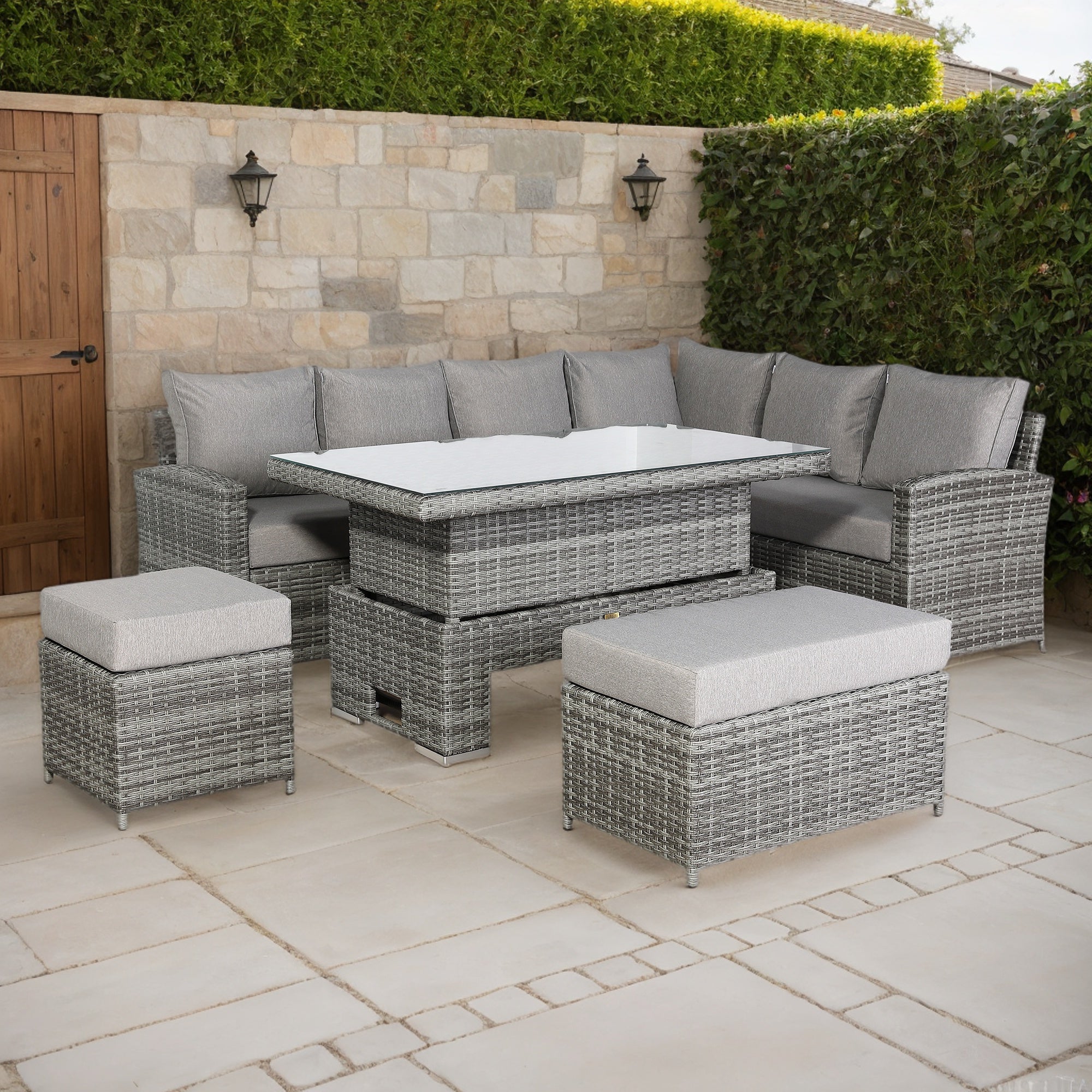 Sorrento Large Corner Dining Set with Rising Table in Grey (Right Hand) - AMC Furniture