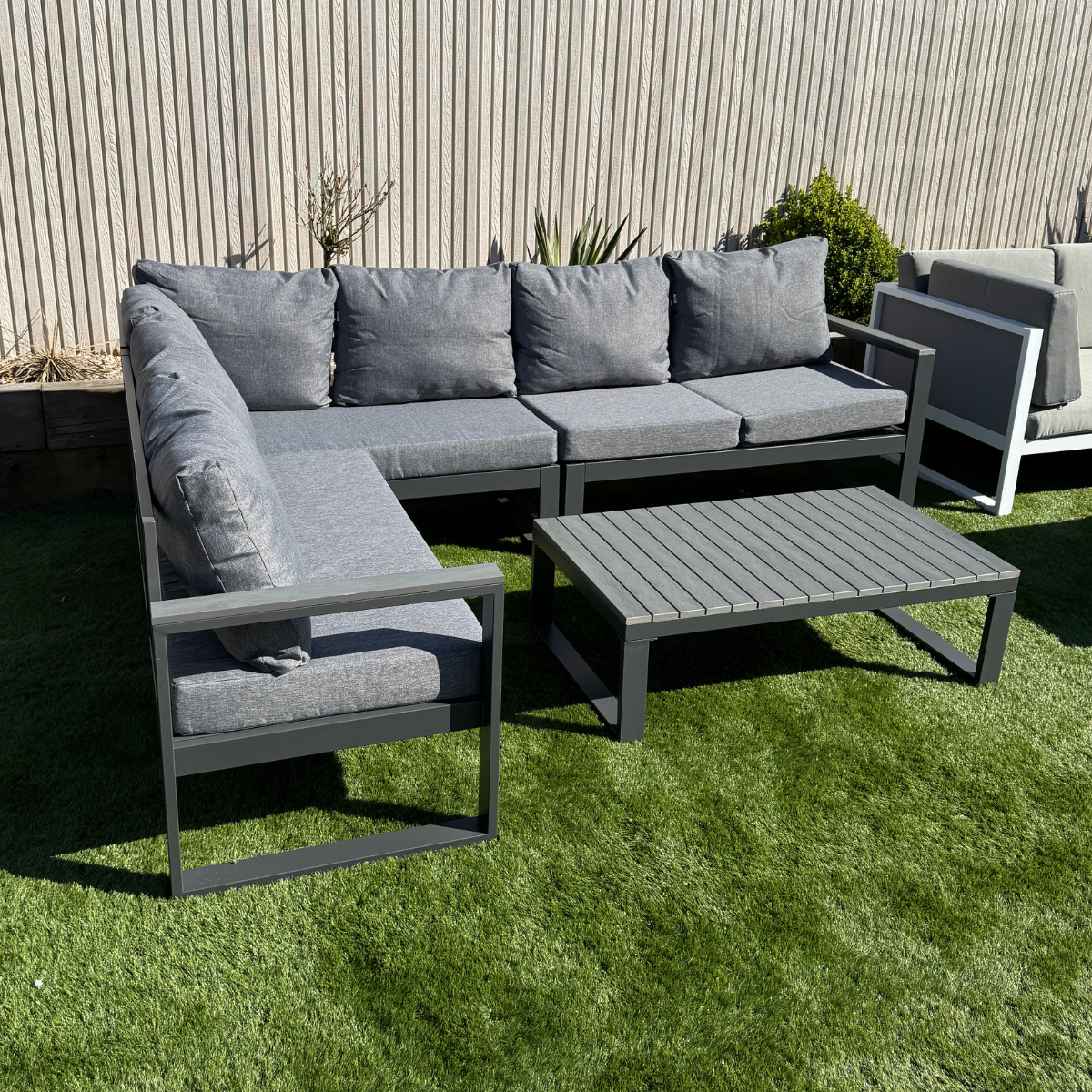 Luxe LHF Corner Set Charcoal Aluminium Frame With Grey Cushions - AMC Furniture