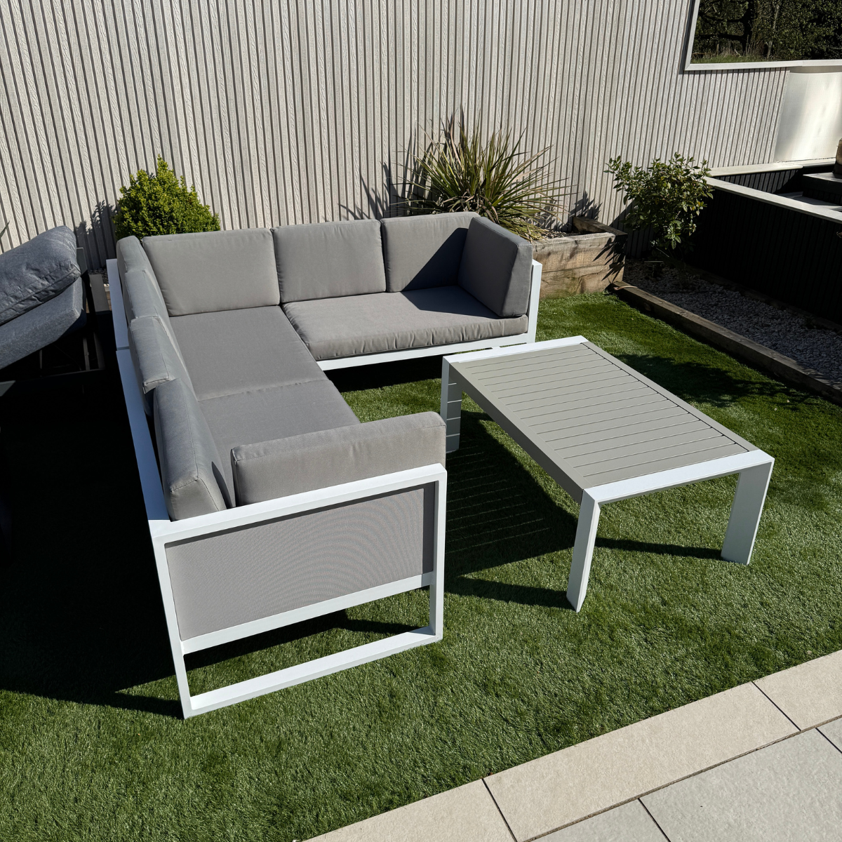 Milan Right Hand Corner Sofa Set in white Aluminium Frame with Grey Cushions - AMC Furniture