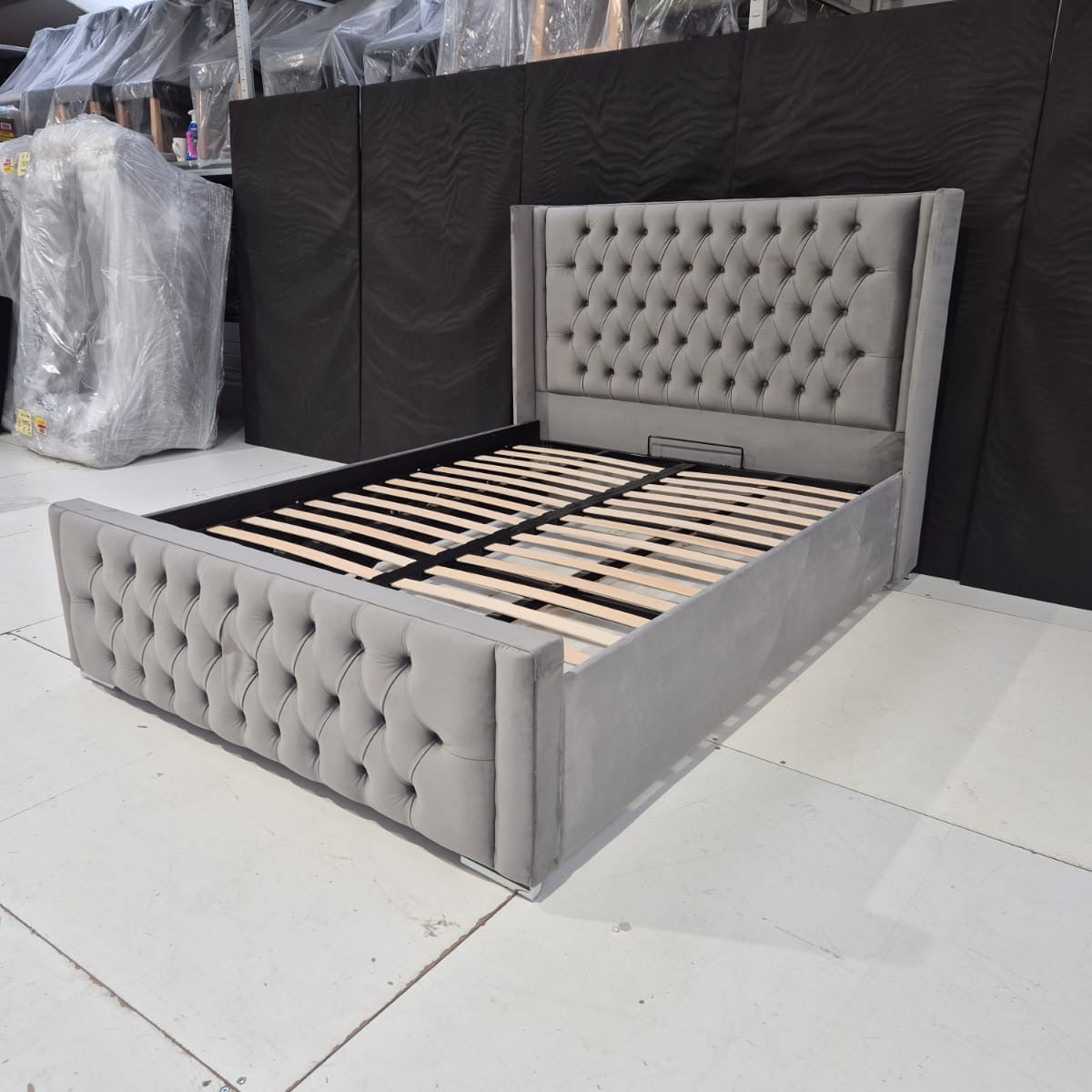 King Size Mulberry Bedframe in Plush Grey with Ottoman Storage