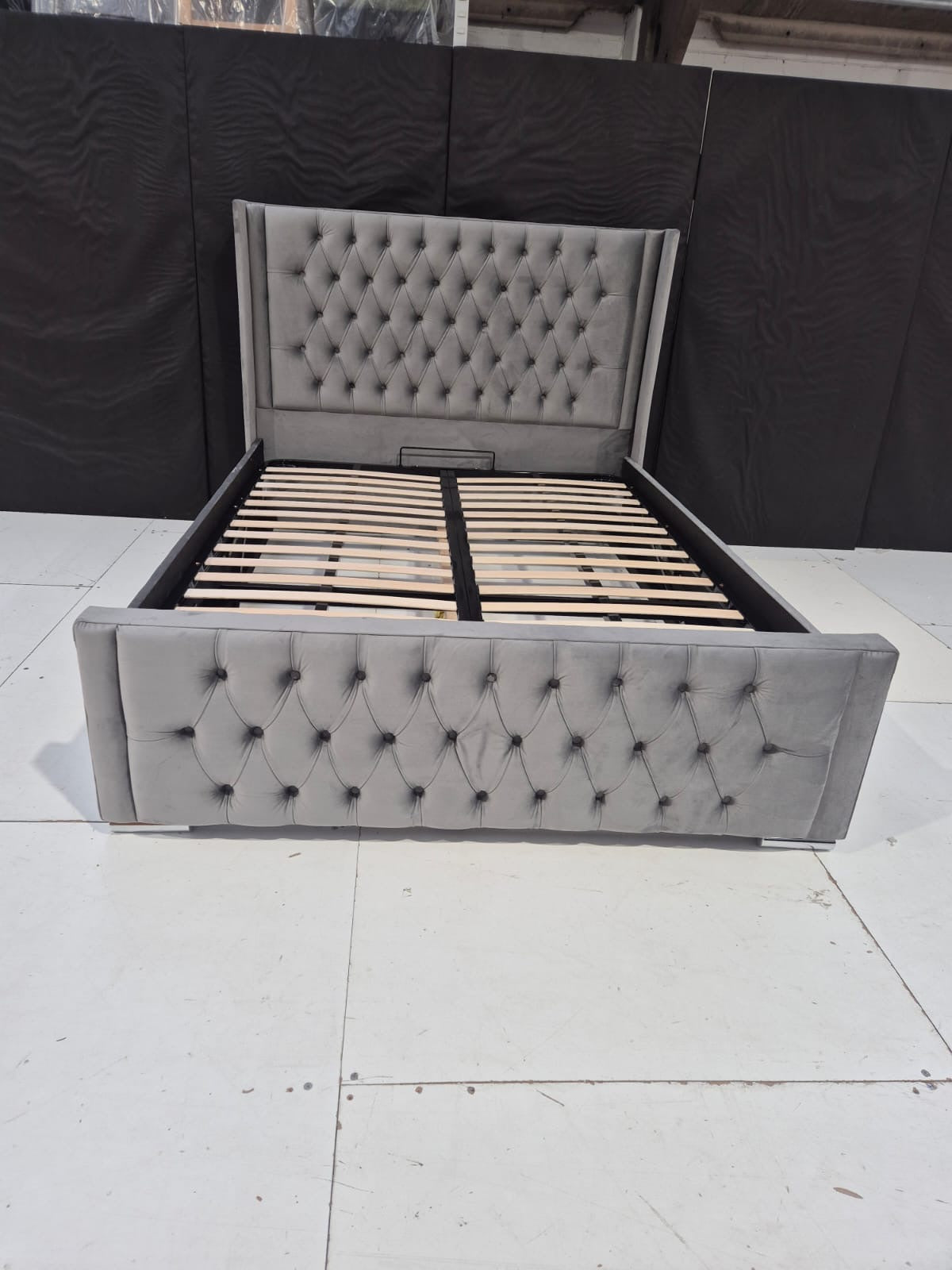 King Size Mulberry Bedframe in Plush Grey with Ottoman Storage