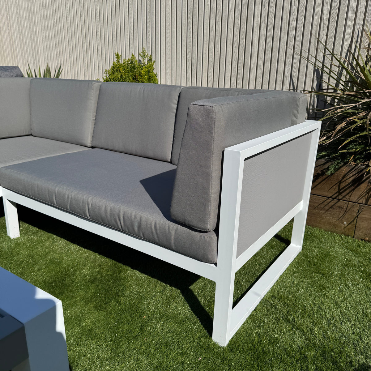 Milan Right Hand Corner Sofa Set in white Aluminium Frame with Grey Cushions - AMC Furniture
