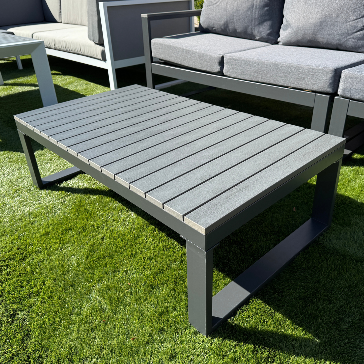 Luxe RHF Corner Set Charcoal Aluminium Frame With Grey Cushions - AMC Furniture