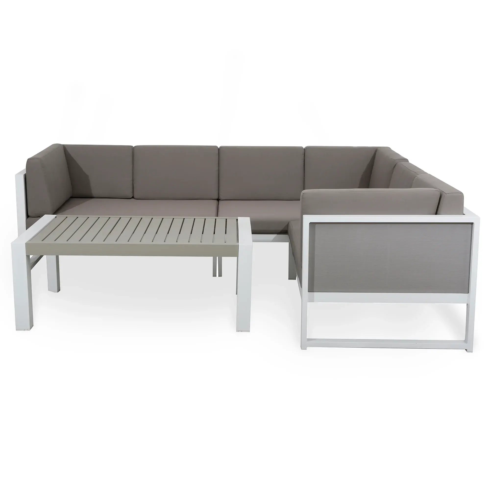 Milan Right Hand Corner Sofa Set in white Aluminium Frame with Grey Cushions - AMC Furniture