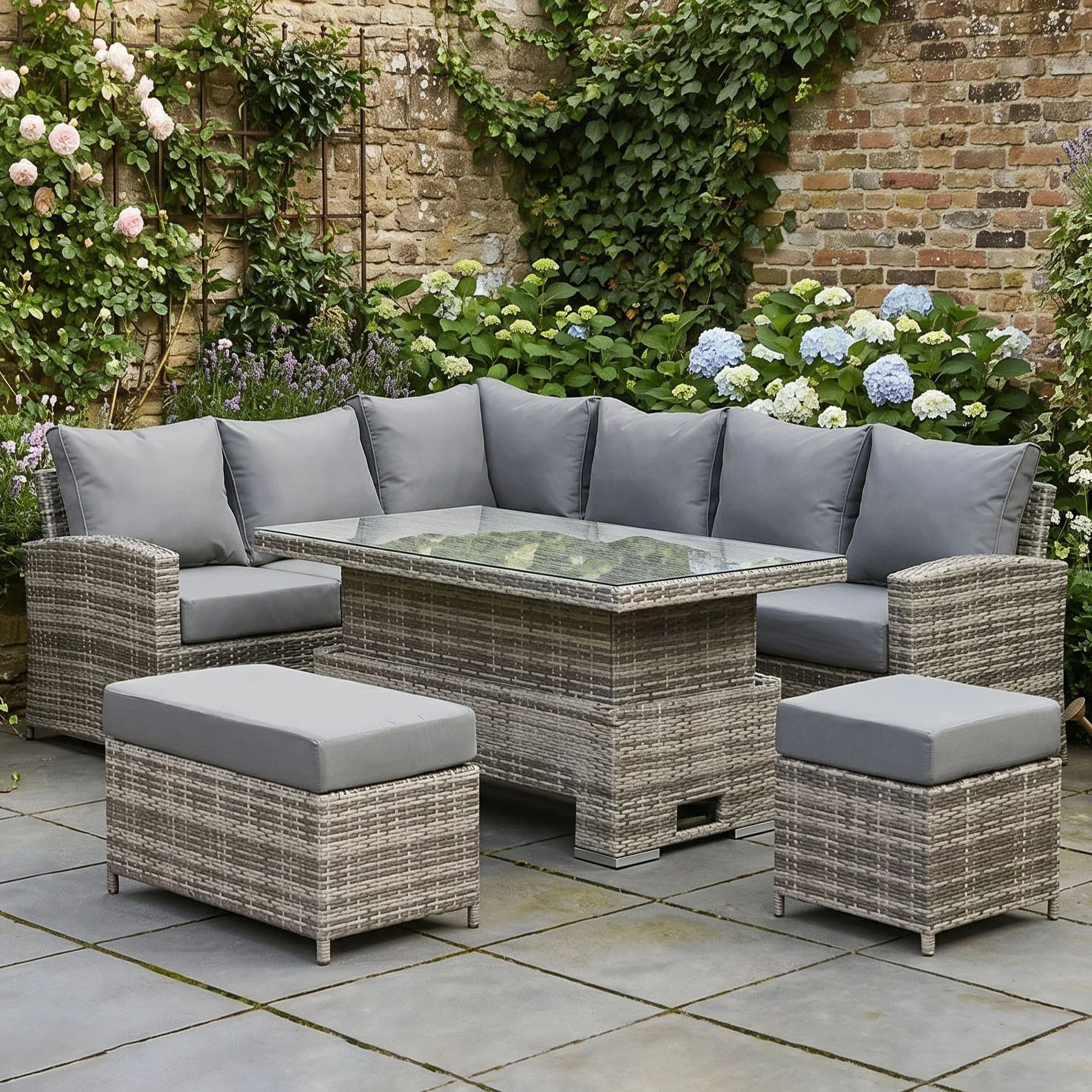 Casa Corner Sofa Set with Rising Dining Table in Mixed Weave (Left Hand)