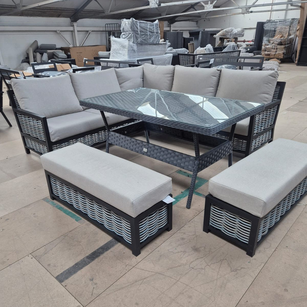 Ivy Aluminium Corner Sofa Set with Grey Rattan Dining Table