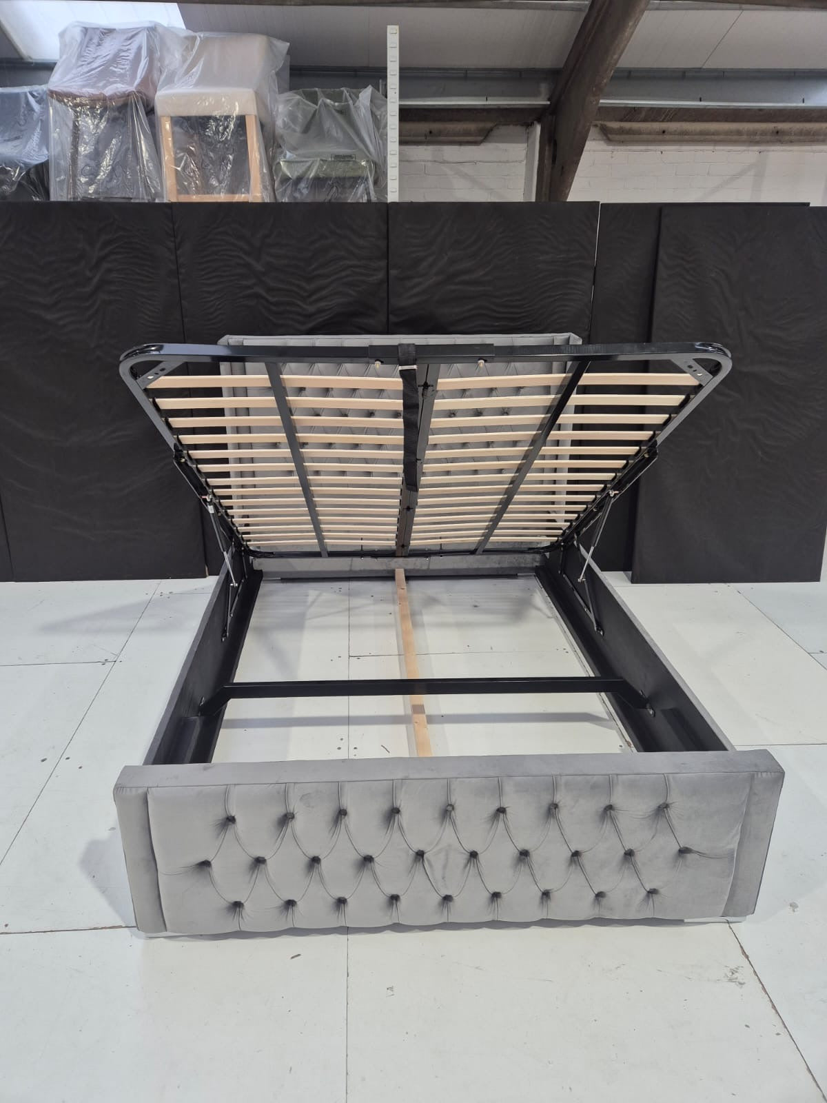 King Size Mulberry Bedframe in Plush Grey with Ottoman Storage