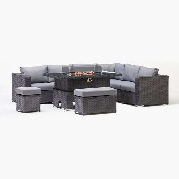 Chakra Rattan Garden Rising Corner Dining Set with Fire Pit In Grey (6694954401856)