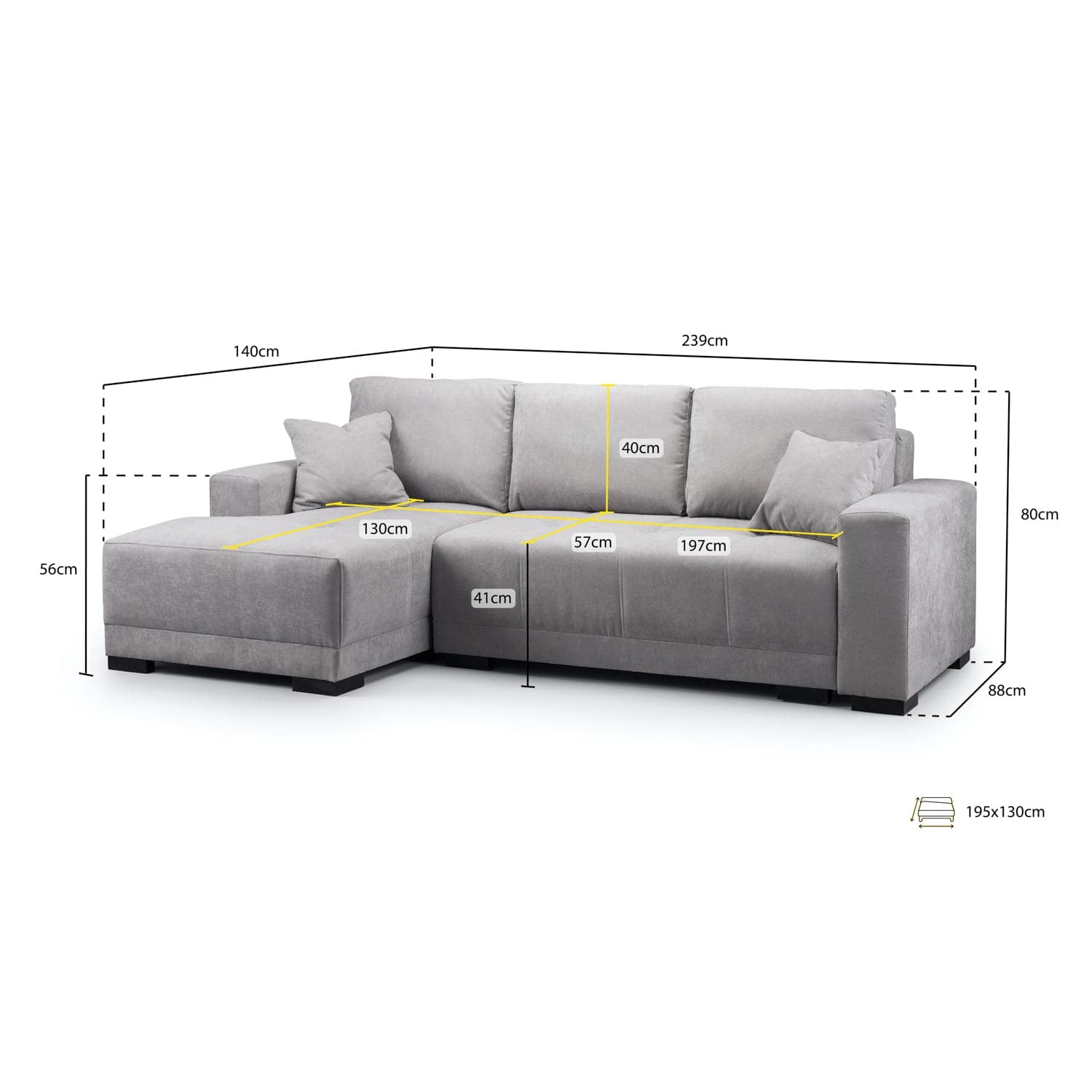 Angelino Sofabed Grey Left Hand Facing Corner - measurement view (7023043248192)