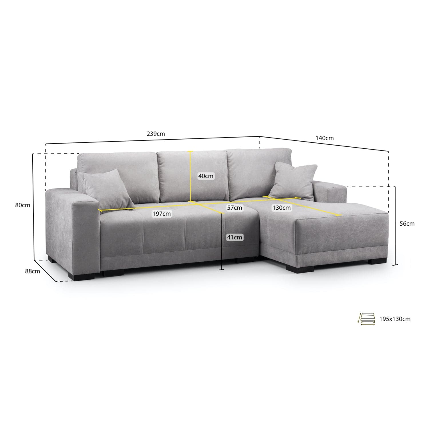Angelino Sofabed Grey Right Hand Facing Corner- measurement view (7023045738560)