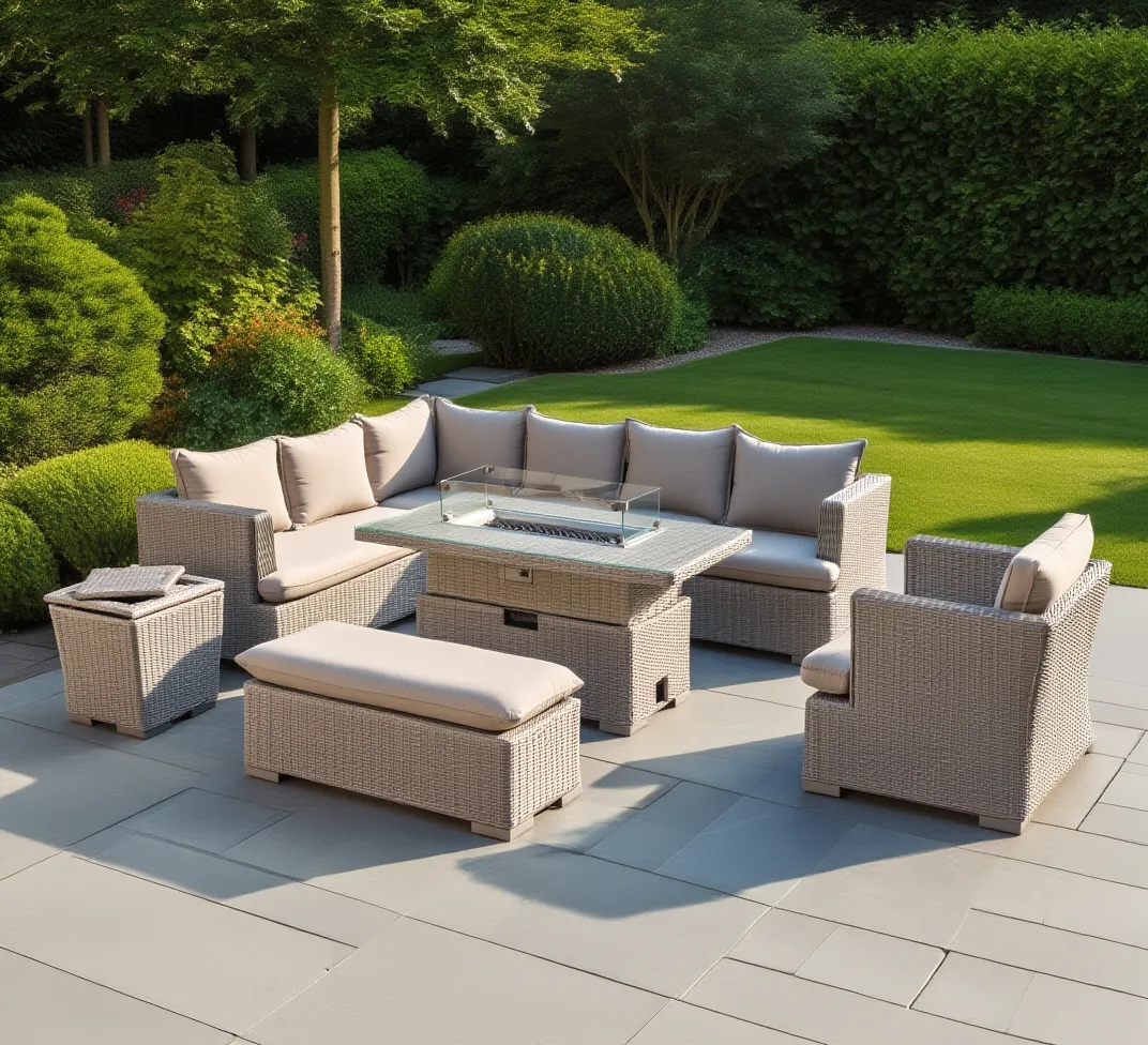 Asha Corner Rising Fire Pit Dining Set - Grey/Beige