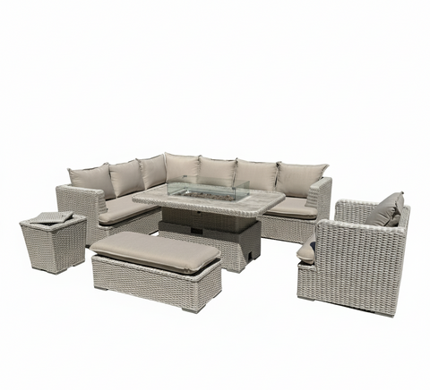 Asha Corner Rising Fire Pit Dining Set - Grey/Beige