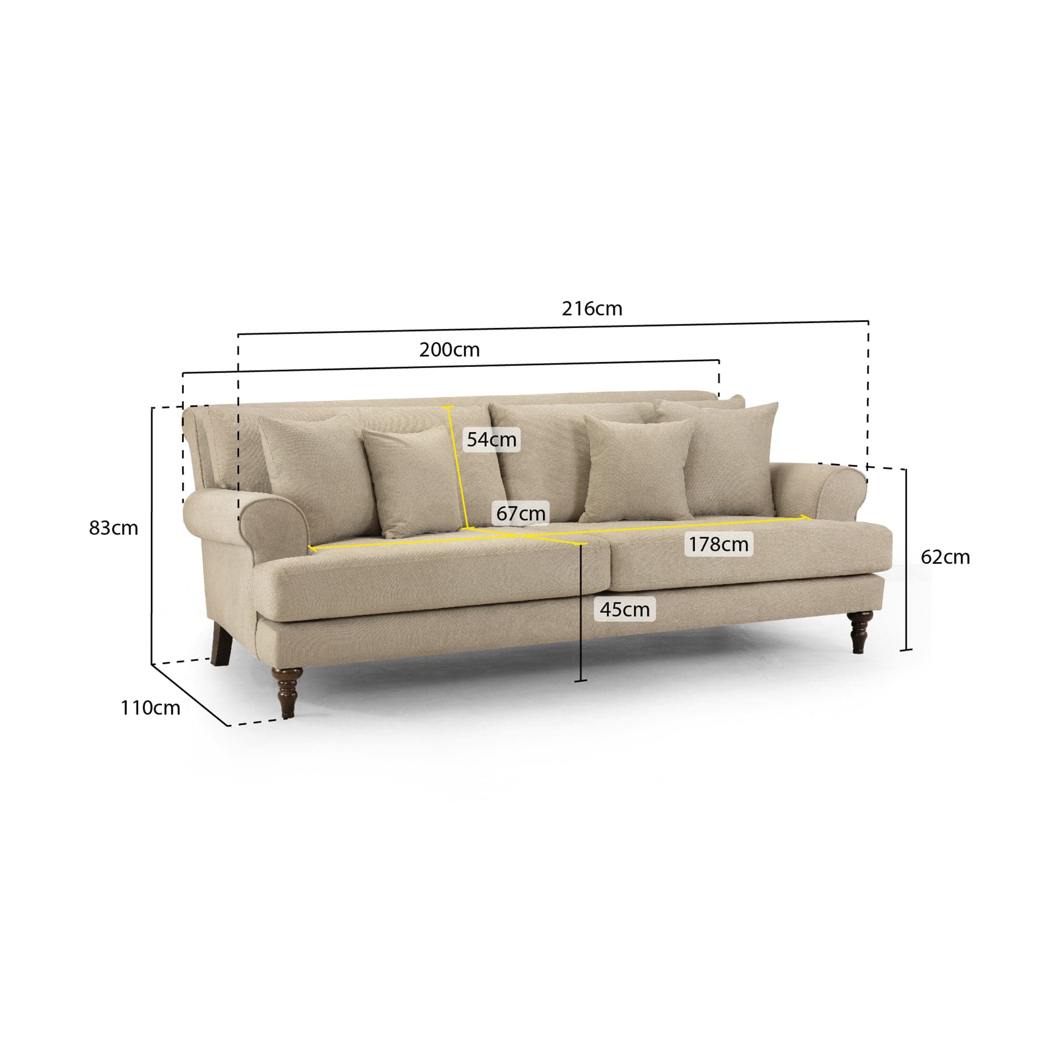 Aspen Sofa Beige 4 Seater - measurement view (7026361532480)