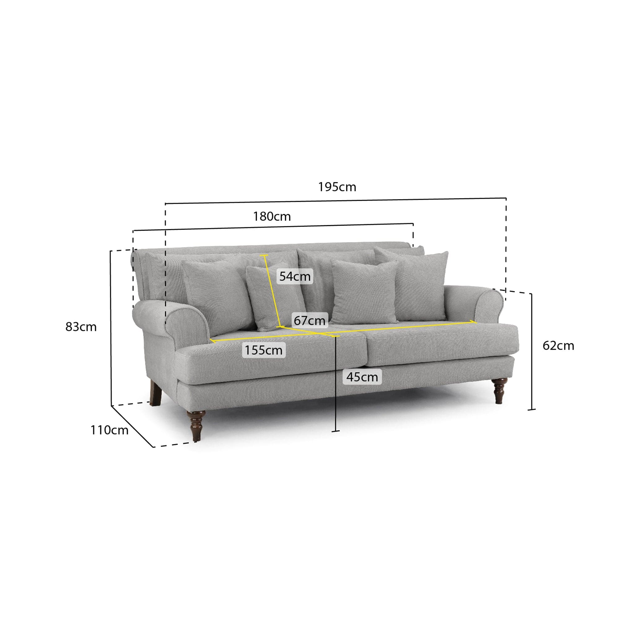 Aspen Sofa Grey 3 Seater - measurement view (7026363072576)