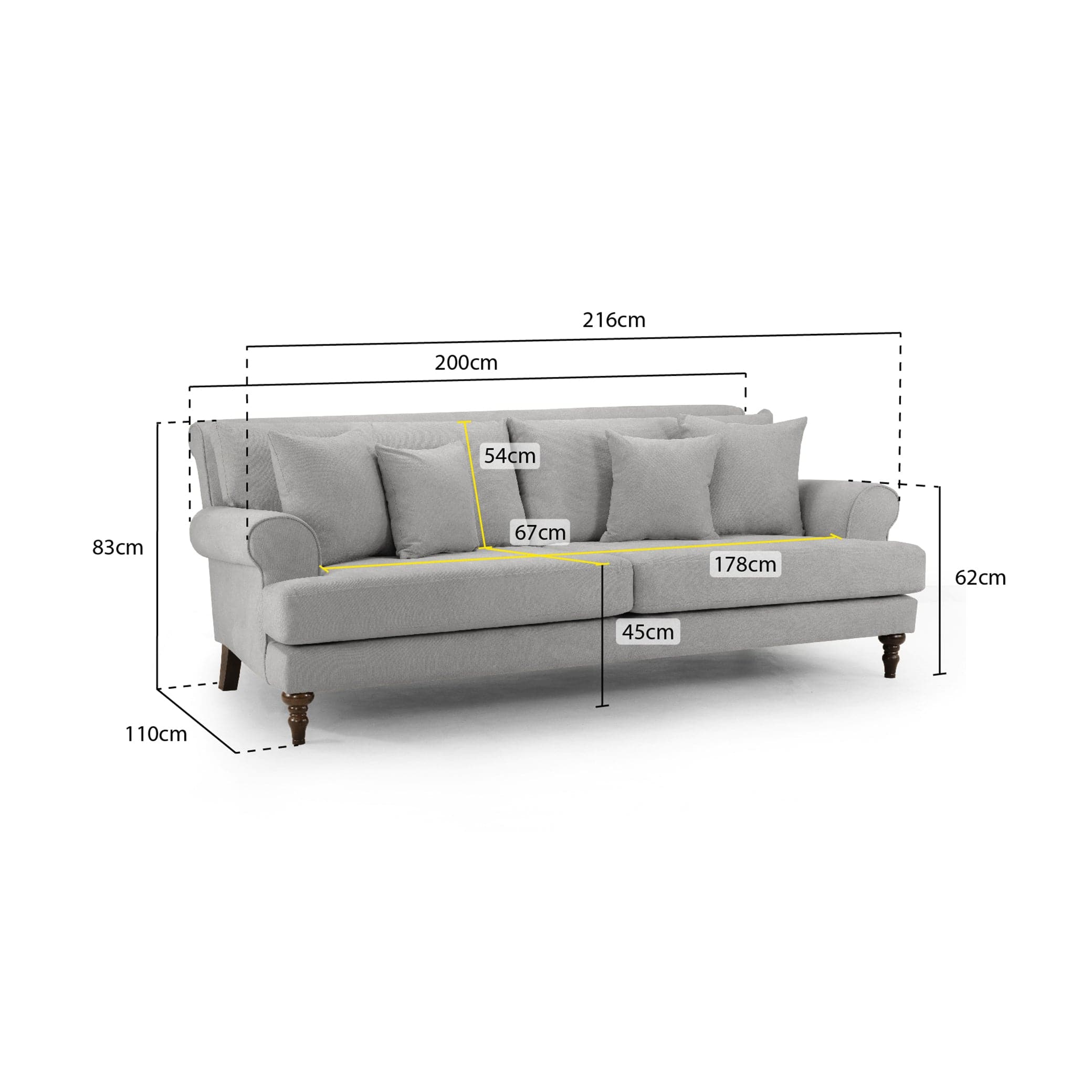 Aspen Sofa Grey 4 Seater - measurement view  (7026362974272)