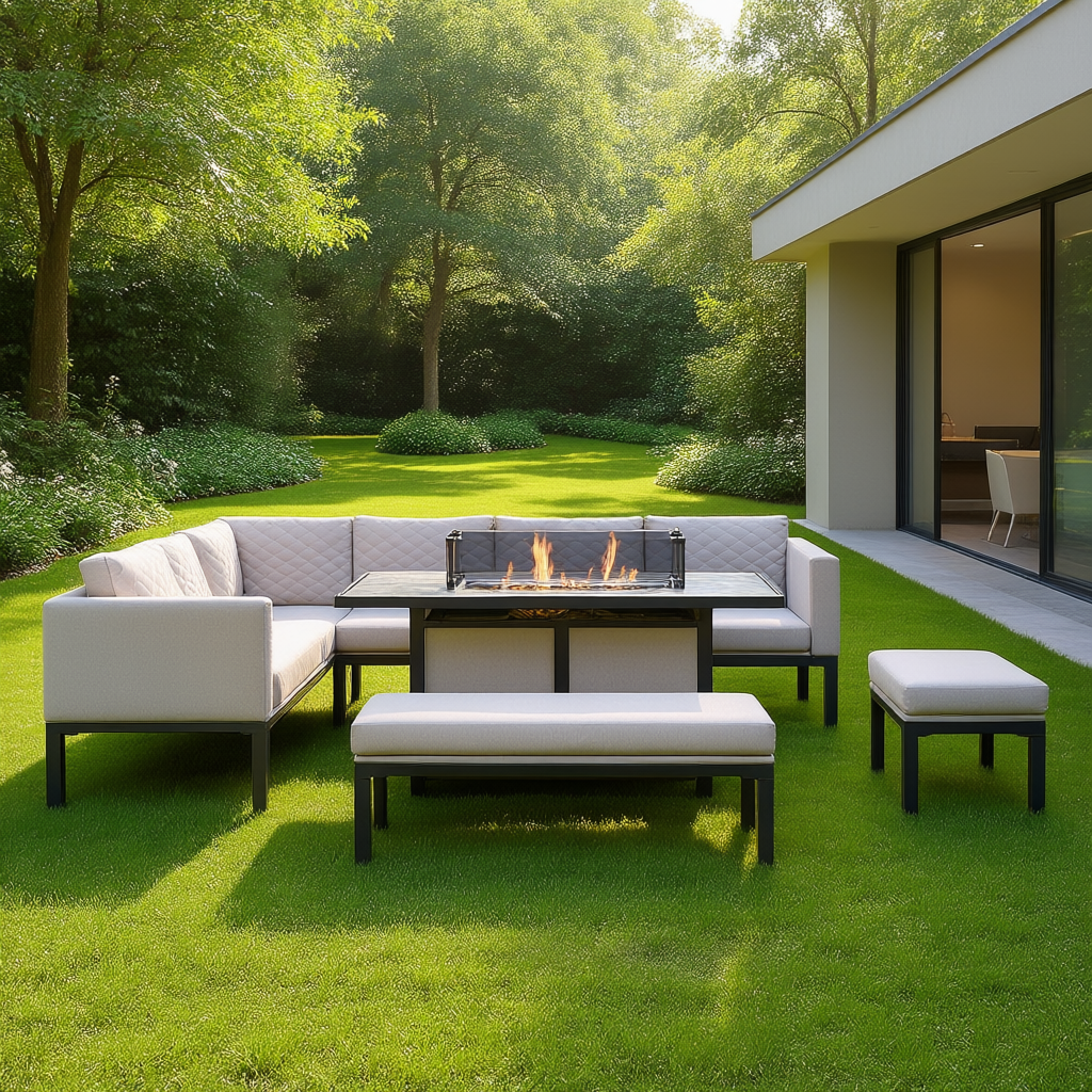 Ava Aluminium Corner Dining Set with Fire Pit – Beige