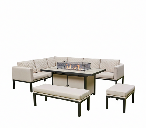 Ava Aluminium Corner Dining Set with Fire Pit – Beige