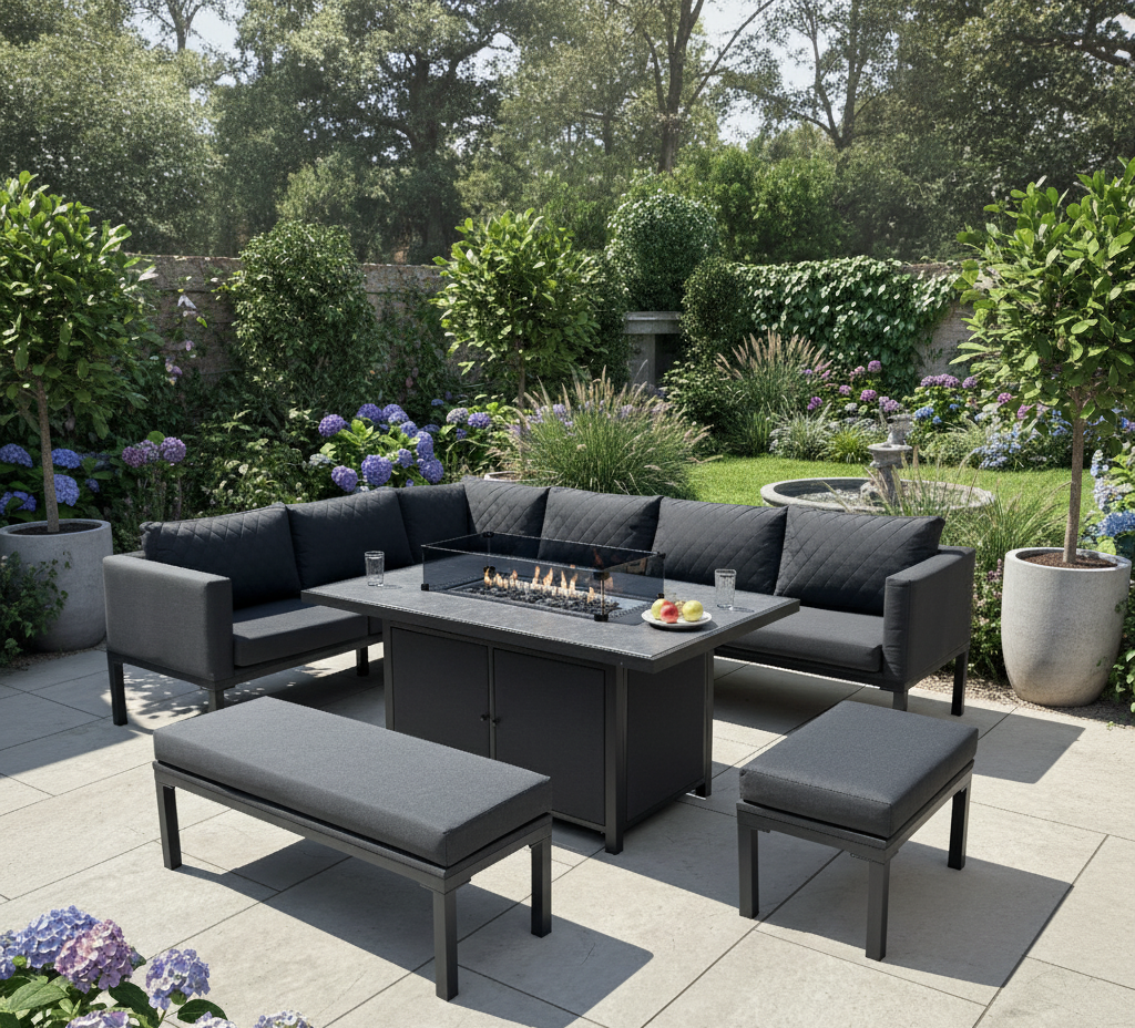 Ava Aluminium Firepit Dining Set In Grey