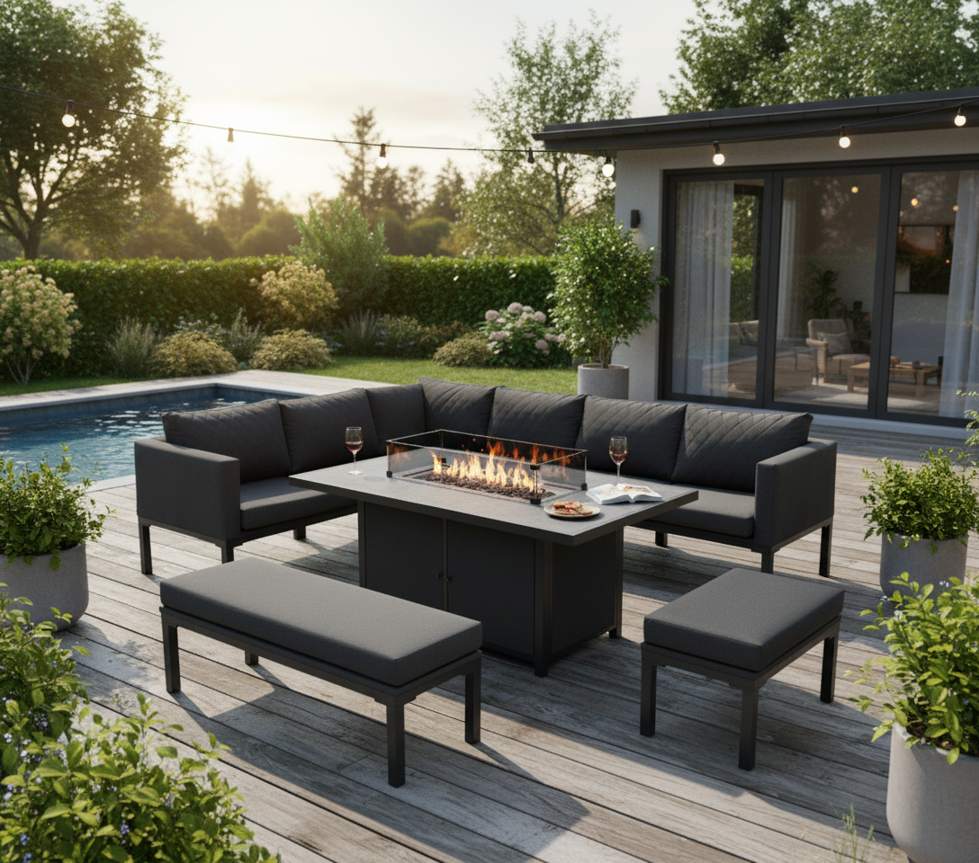 Ava Aluminium Firepit Dining Set In Grey