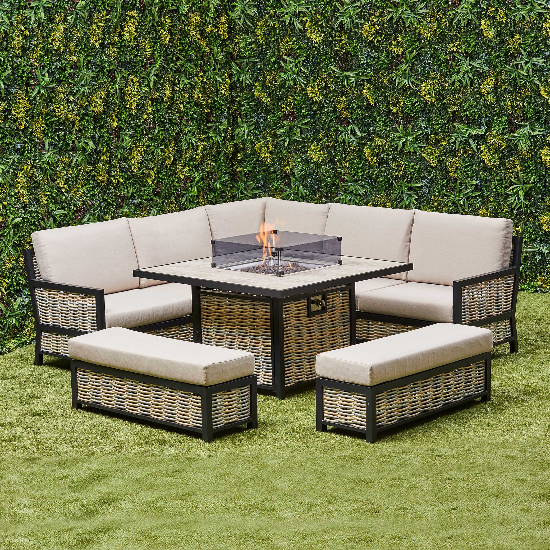 Beige Ivy Aluminium and Rattan Corner Dining Set with Fire Pit - front view (14929993597306)