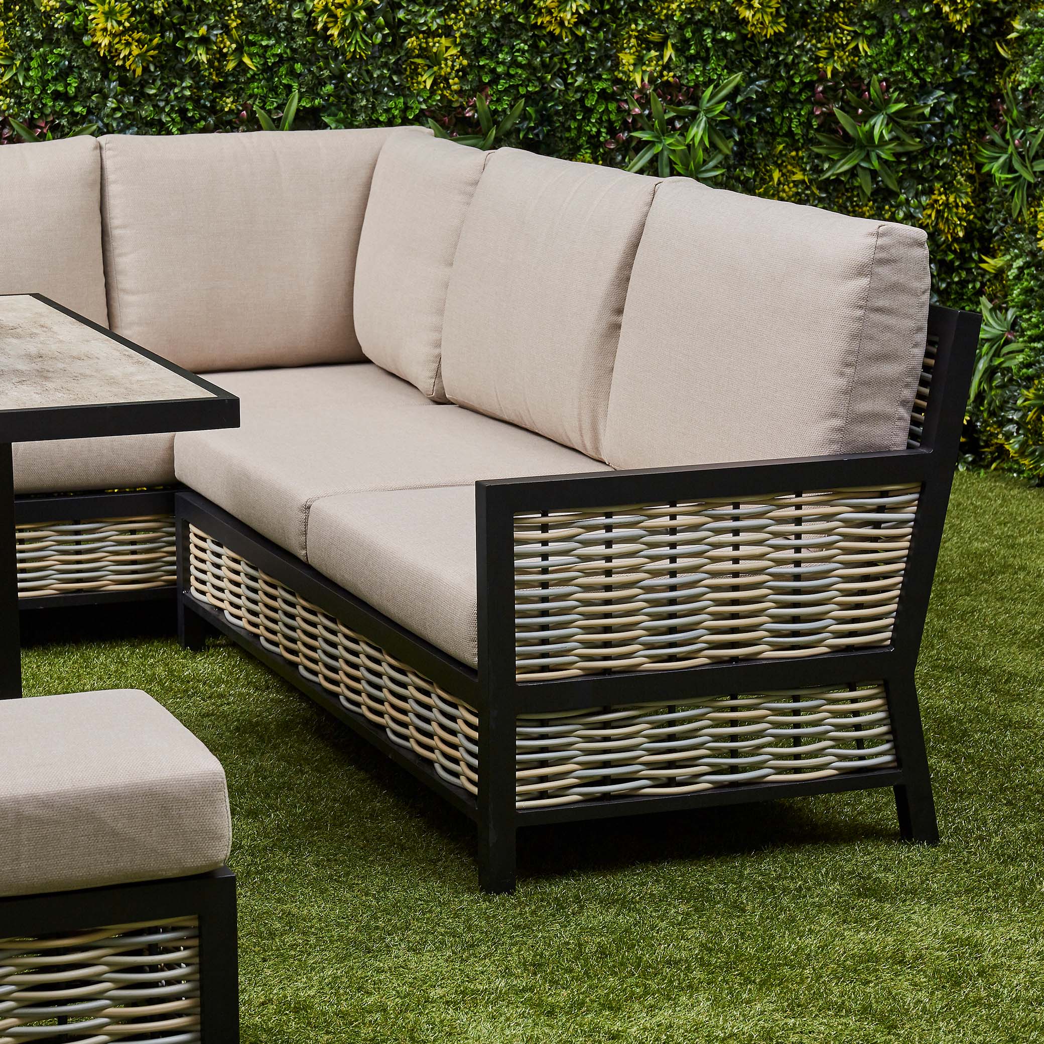 Beige Ivy Aluminium and Rattan Corner Dining Set with Fire Pit - right view (14929993597306)