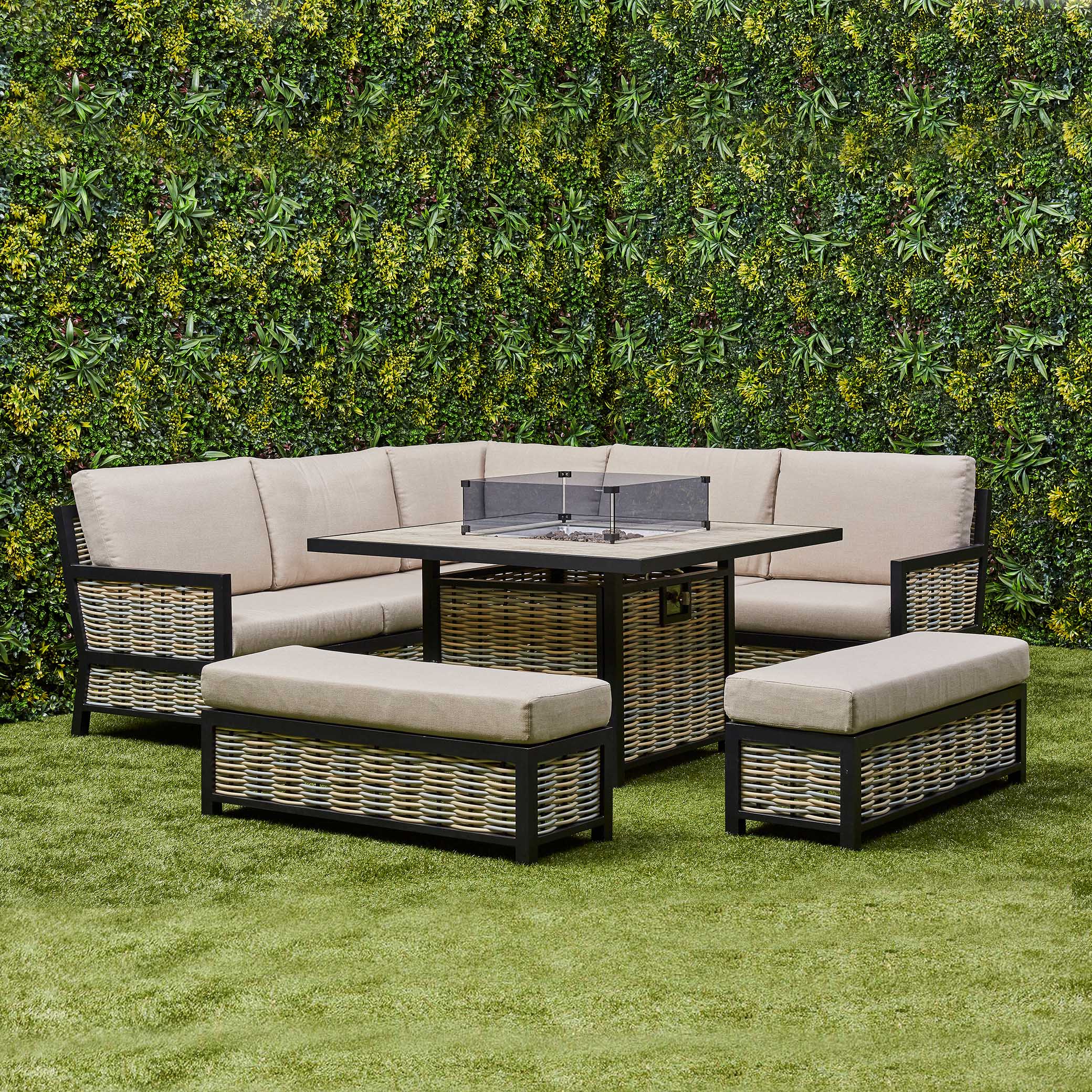 Beige Ivy Aluminium and Rattan Corner Dining Set with Fire Pit - top view (14929993597306)