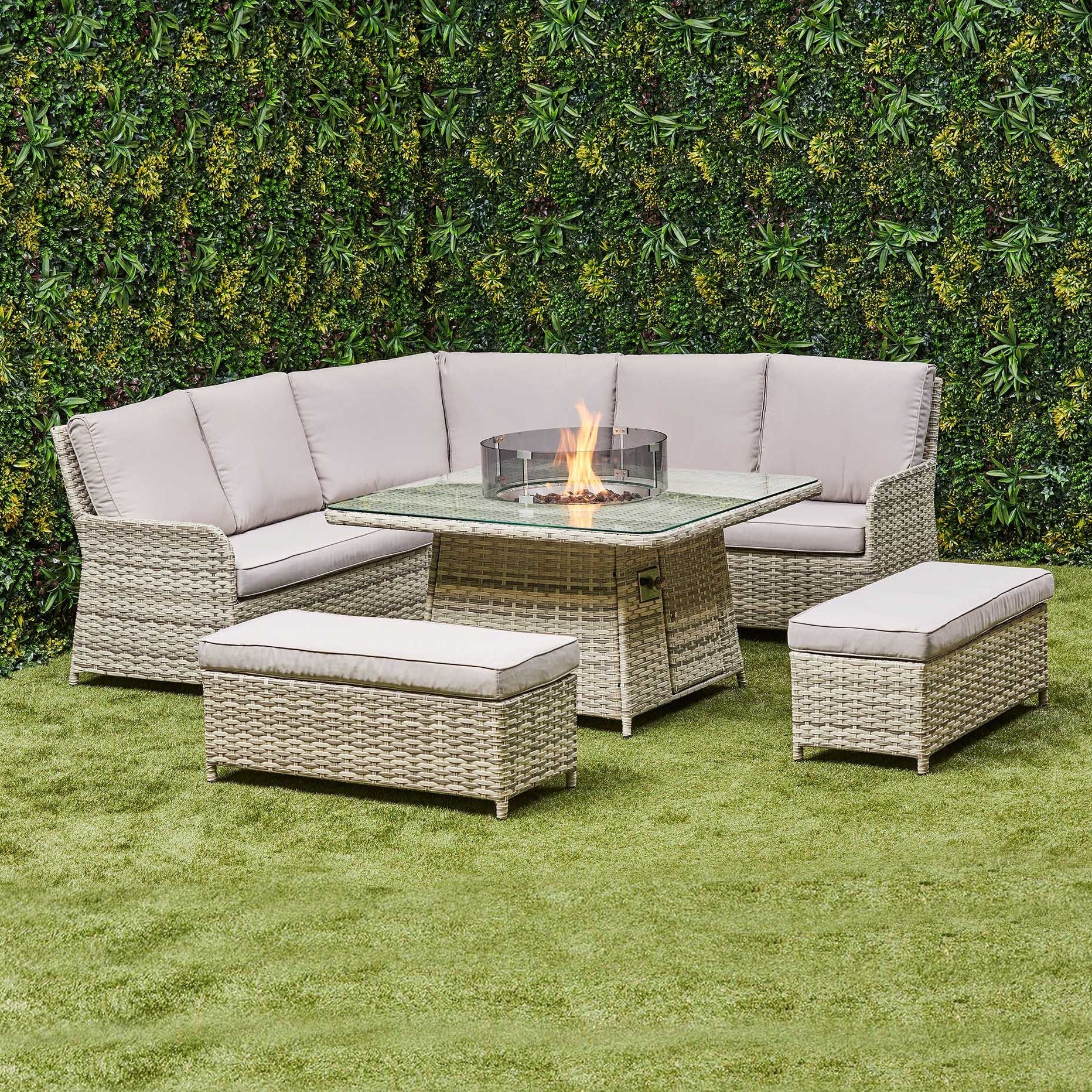 Beige Lola Rattan Corner Dining Set with Fire Pit – front view (14930007720314)